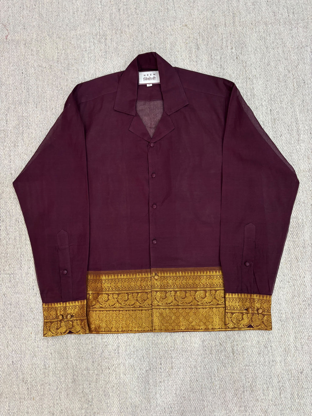 Deep Plum Teal Elephant Zari Border Cotton Shirt