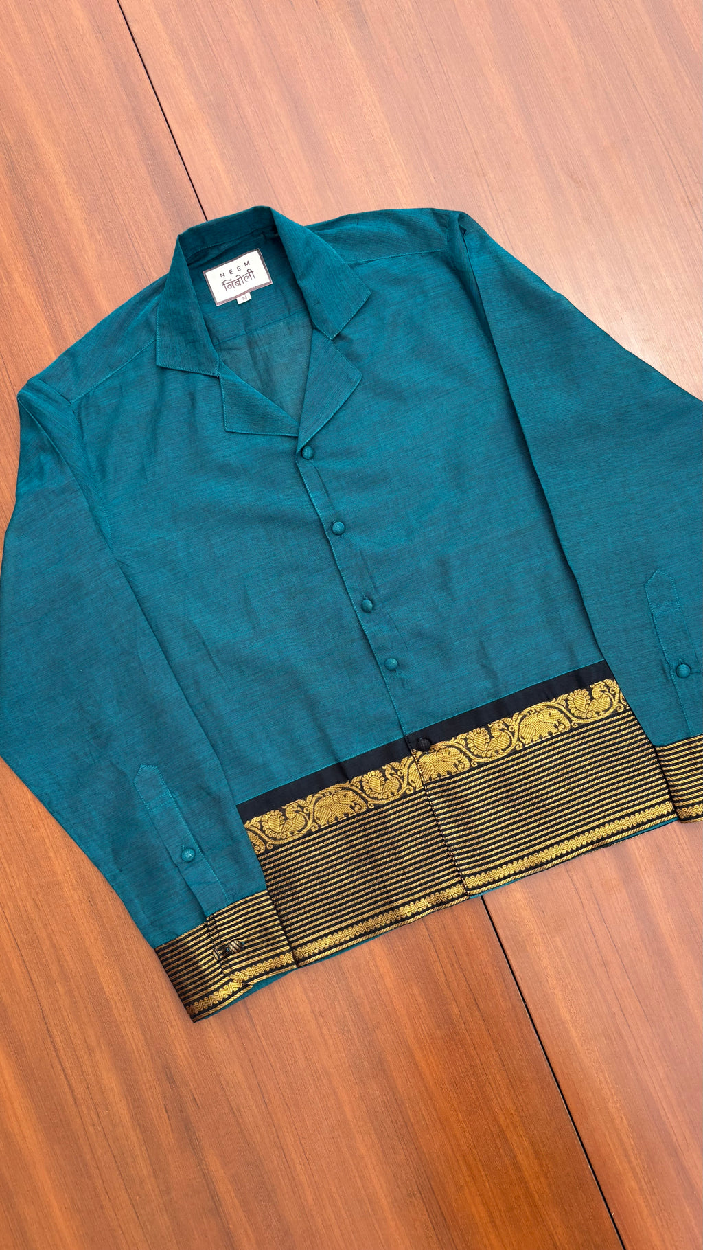 Teal Blue Elephant Border Cotton Shirt