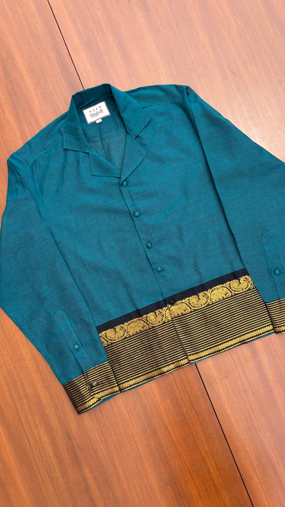 Teal Blue Elephant Border Cotton Shirt