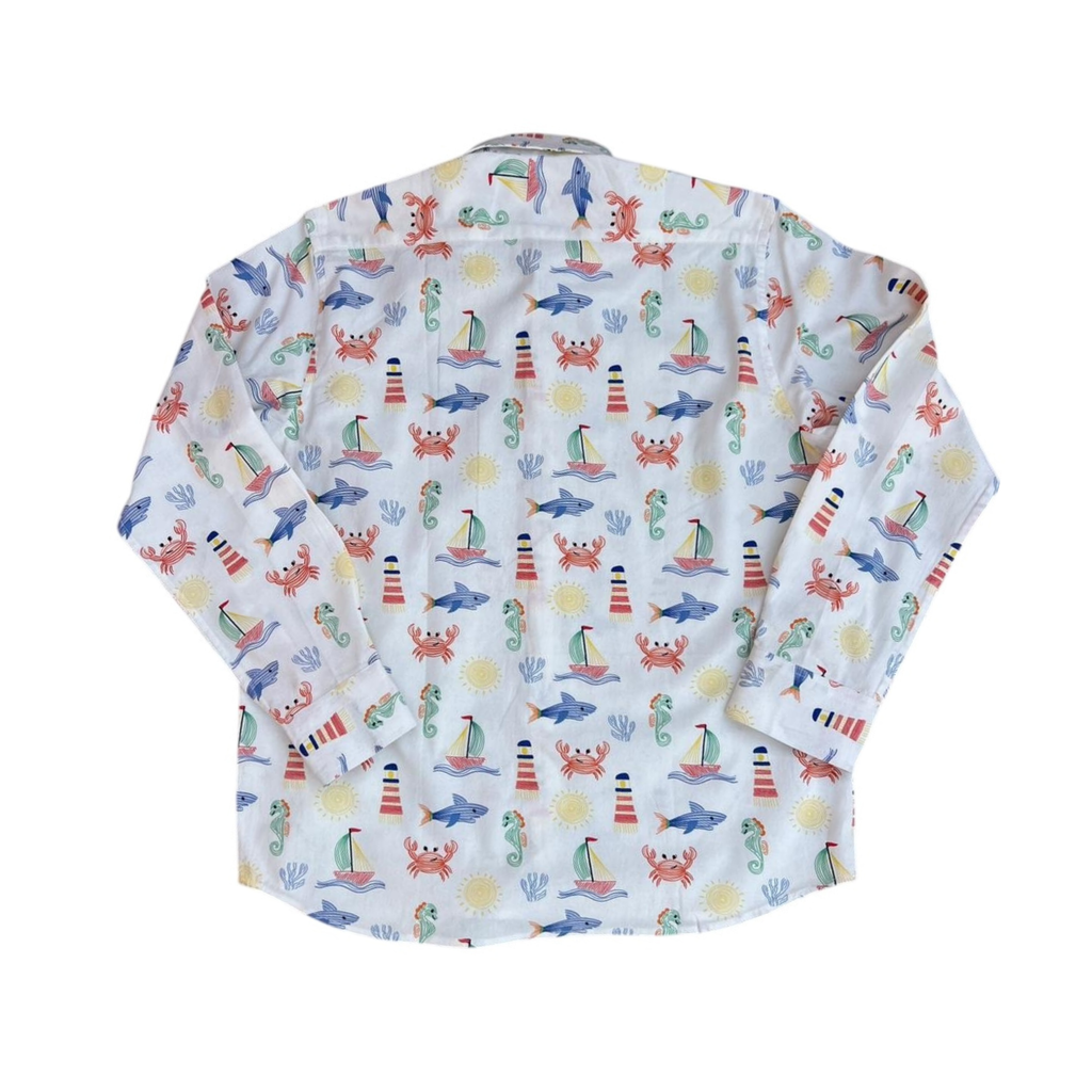 Shark Attack Graphic Print Cotton Button-Up Shirt