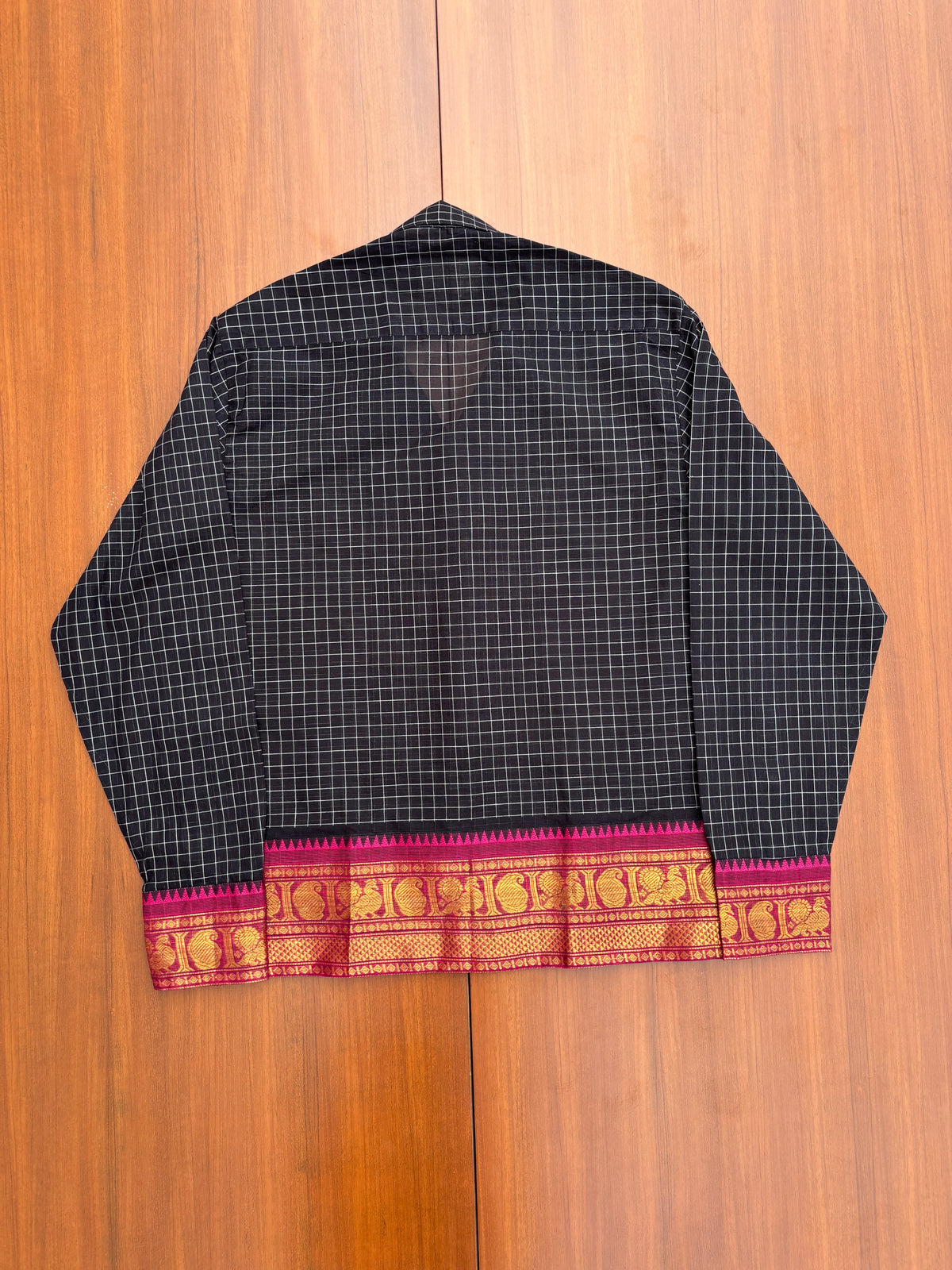Midnight Grid Peacock Border Cotton Shirt