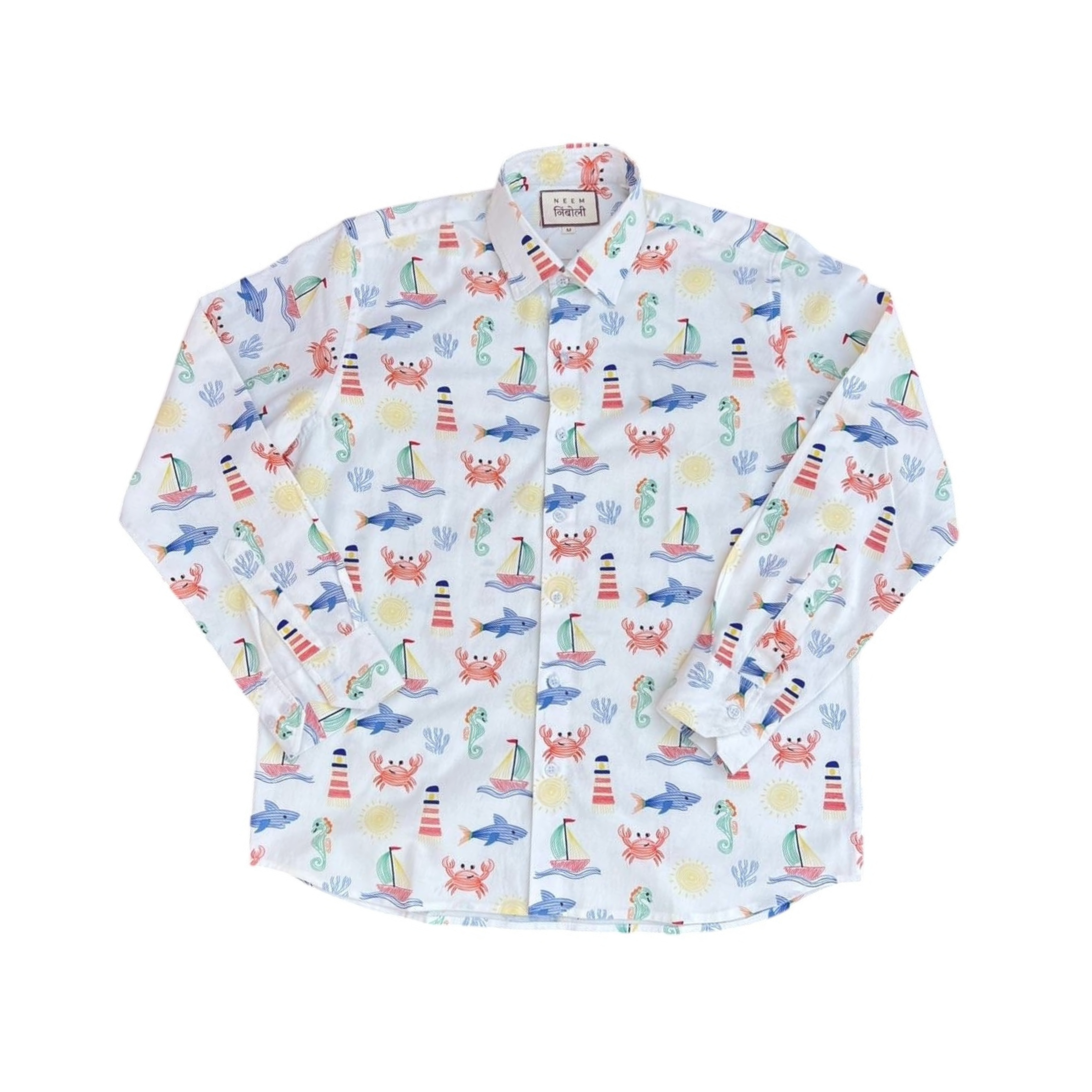 Shark Attack Graphic Print Cotton Button-Up Shirt