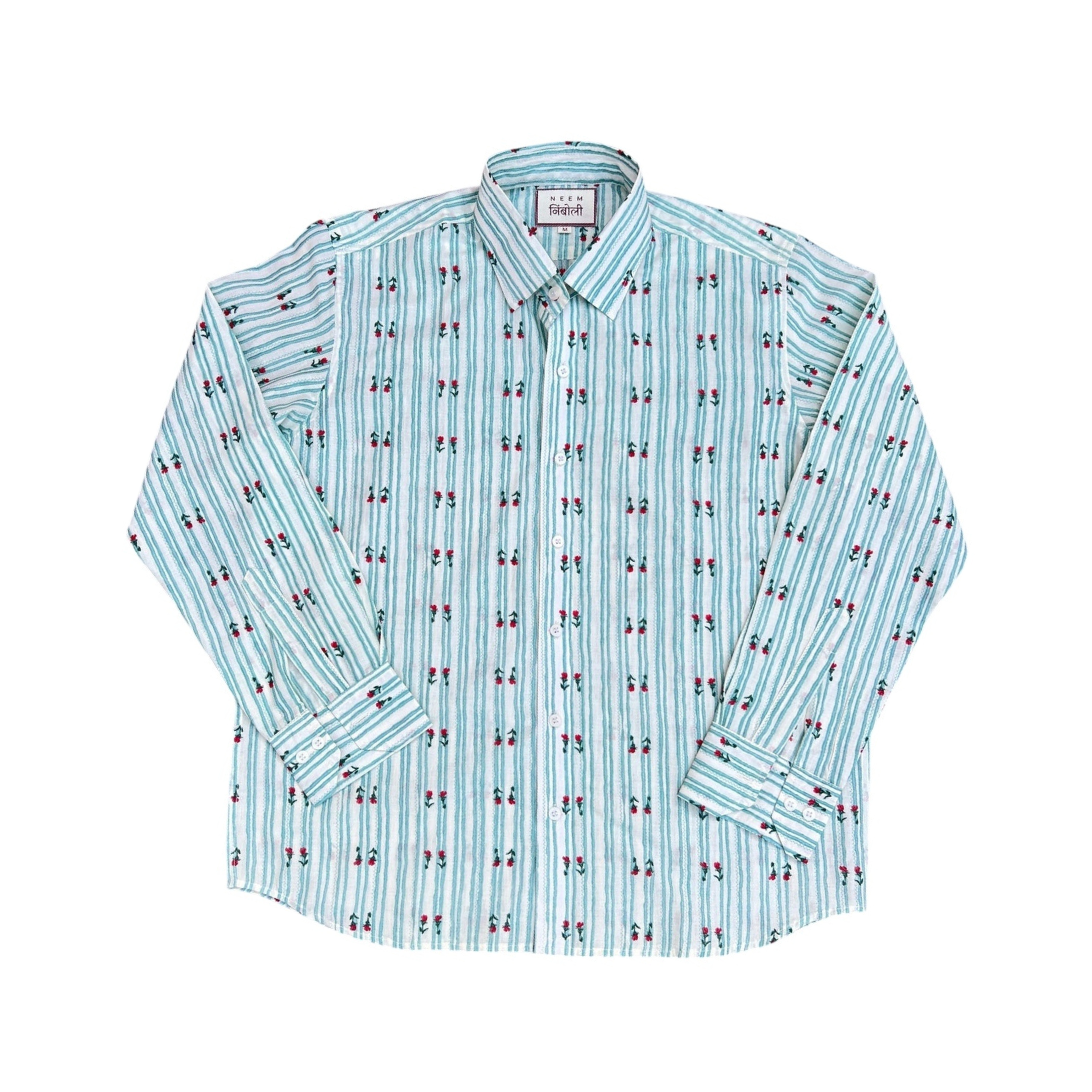 Mint Striped Floral Print Button-Up Shirt