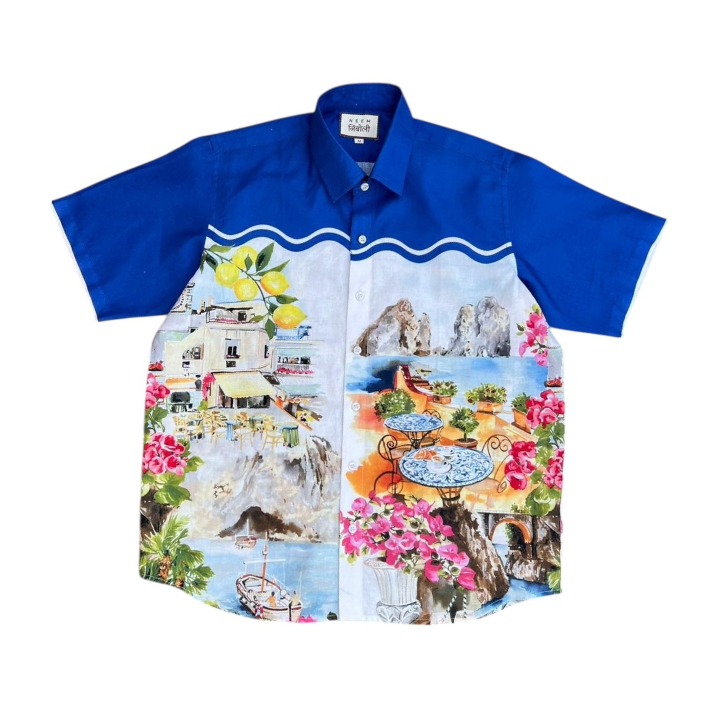 Royal Blue Italian Scenic Print Cotton Shirt