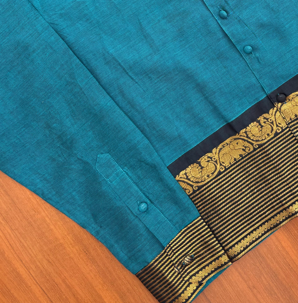 Teal Blue Elephant Border Cotton Shirt