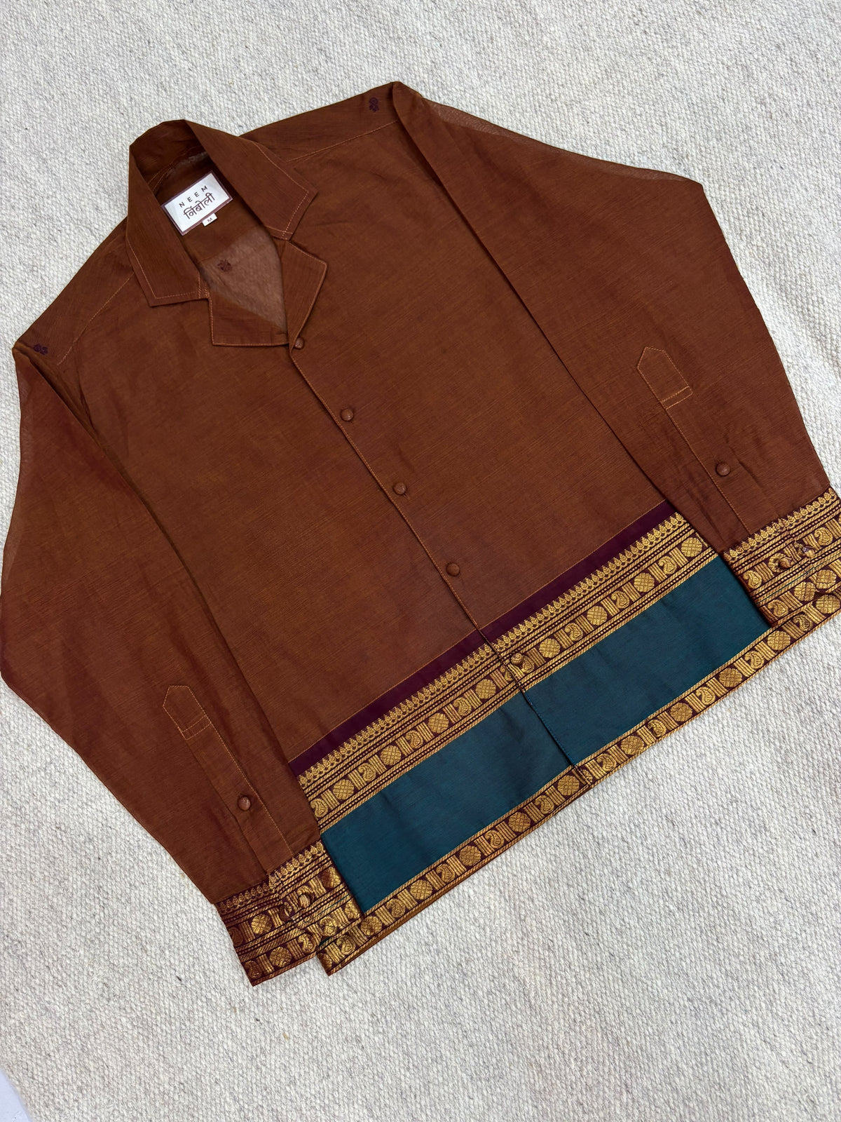 Rust Earth Teal Border Cotton Shirt