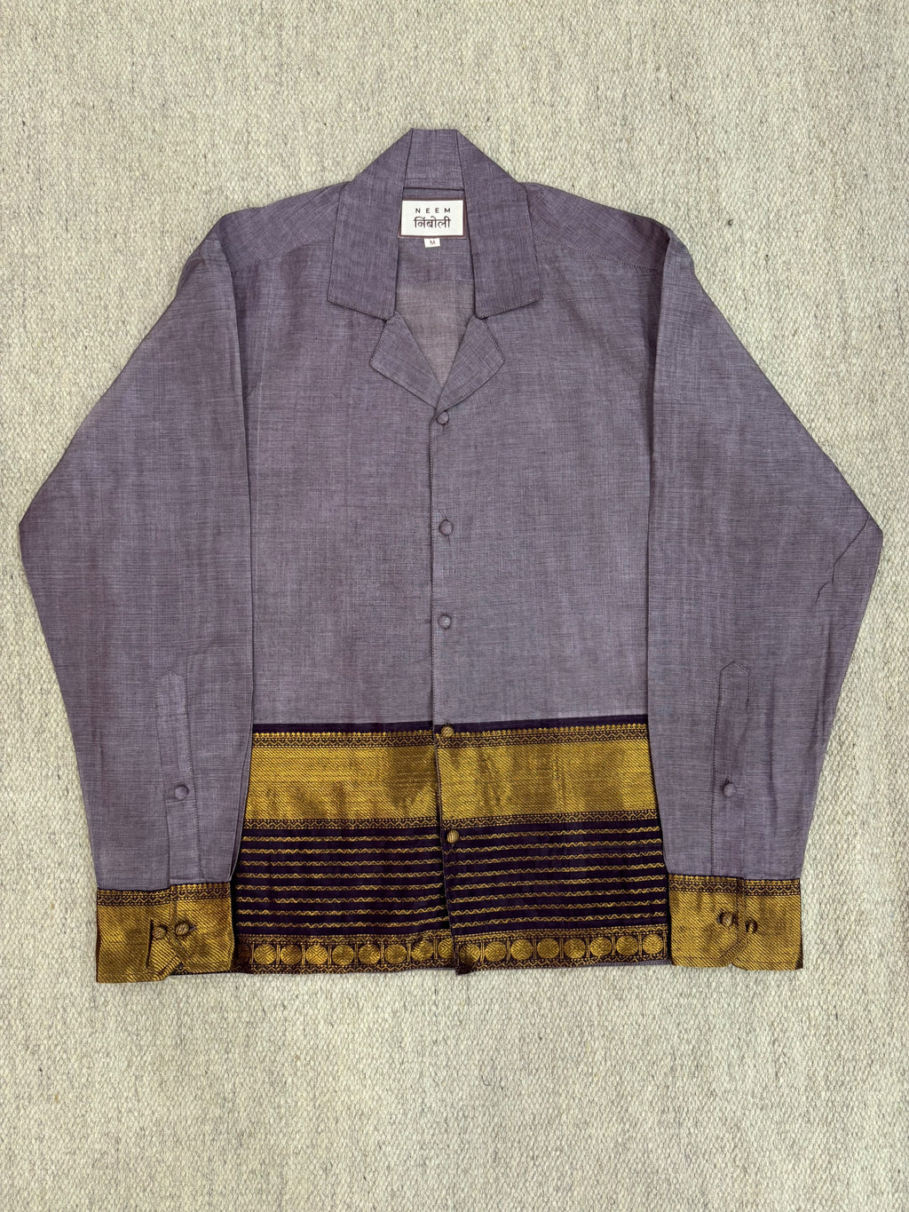 Slate Grey Striped Gold Zari Border Cotton Shirt