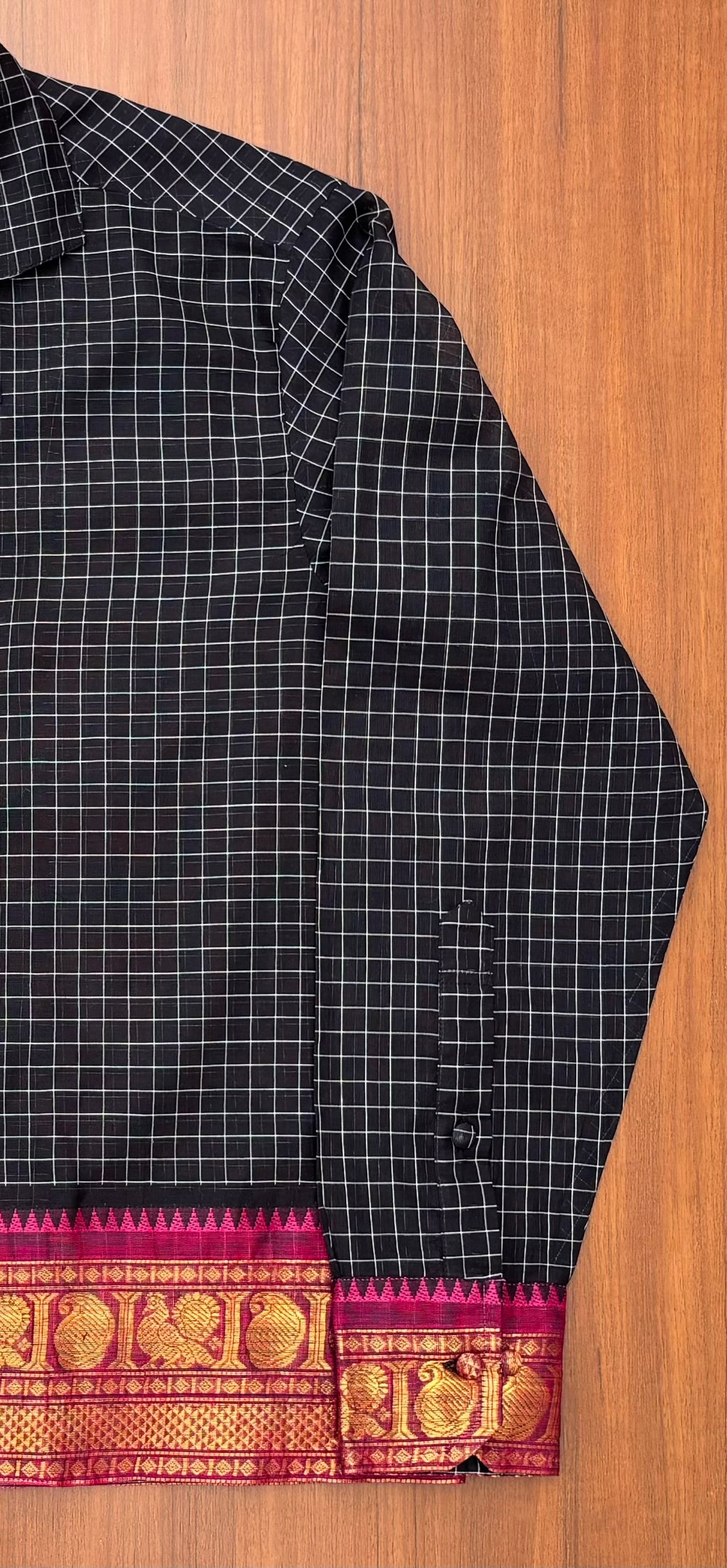 Midnight Grid Peacock Border Cotton Shirt