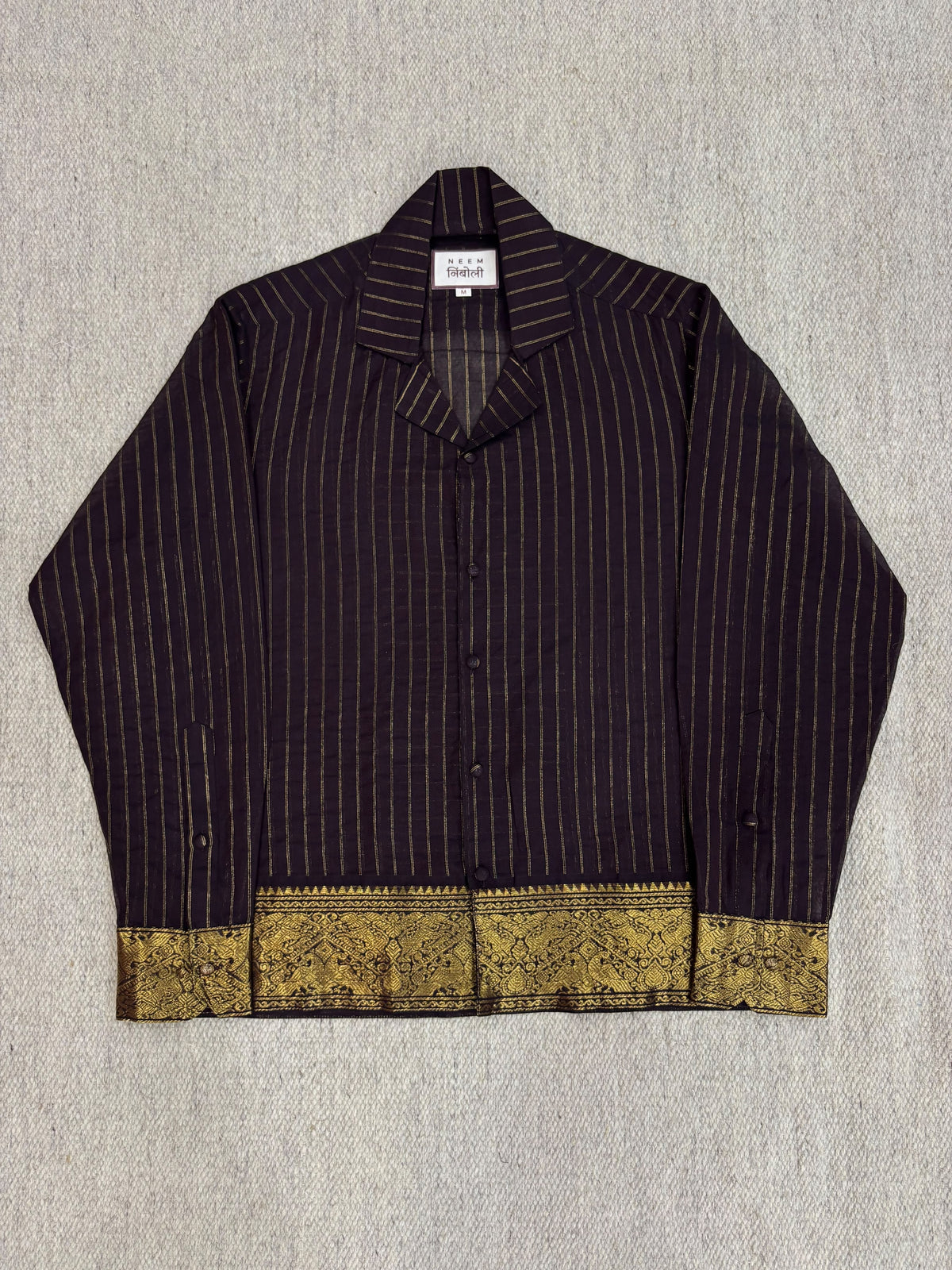 Charcoal Gold Pinstripe Zari Border Cotton Shirt