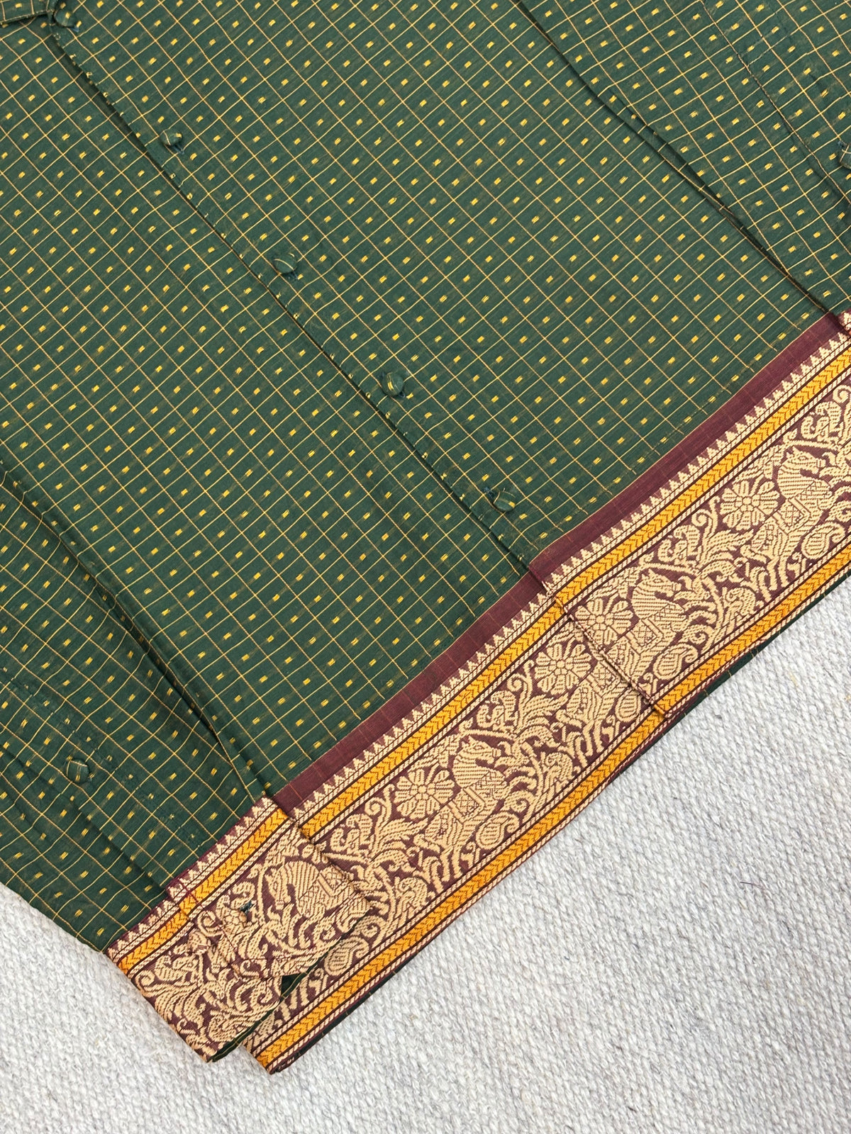 Olive Grid Horse Motif Border Cotton Shirt