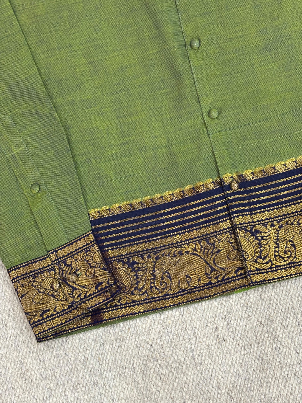 Olive Green Navy Elephant Zari Border Cotton Shirt
