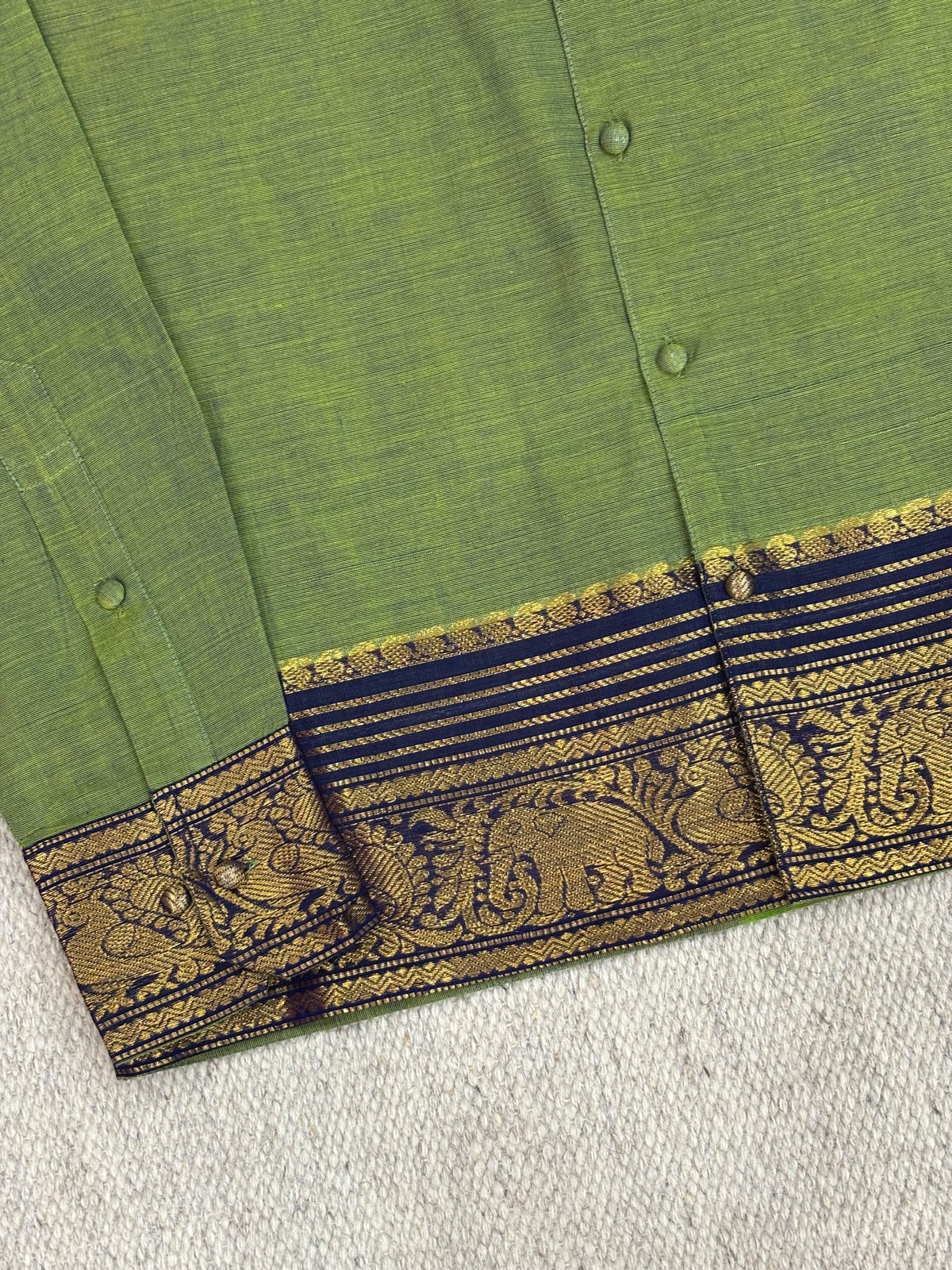Olive Green Navy Elephant Zari Border Cotton Shirt