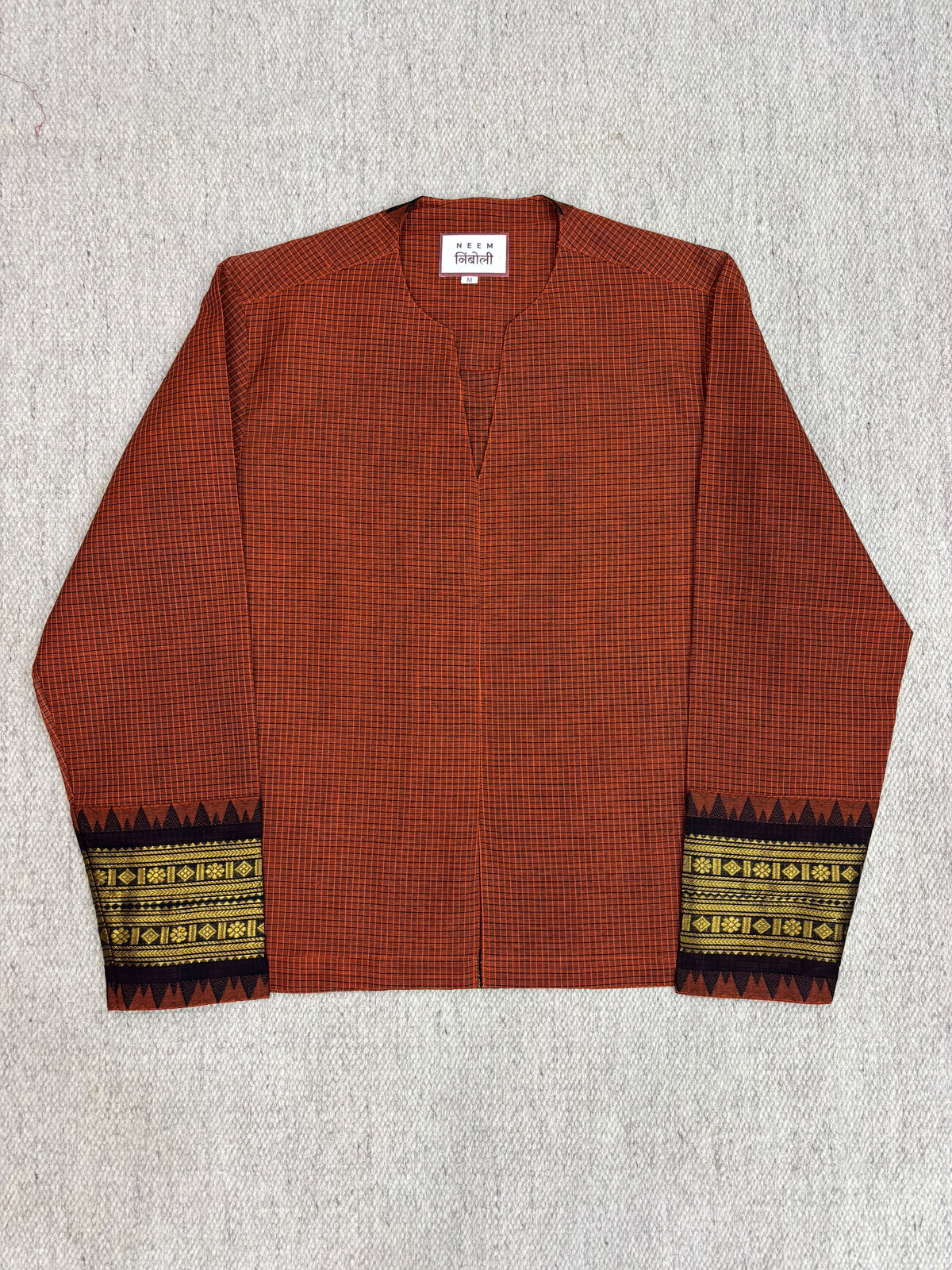 Rust Orange Micro-Check Zari Notch Shirt