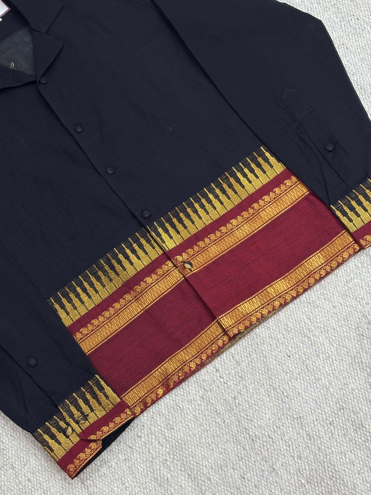 Midnight Black Maroon Zari Border Cotton Shirt