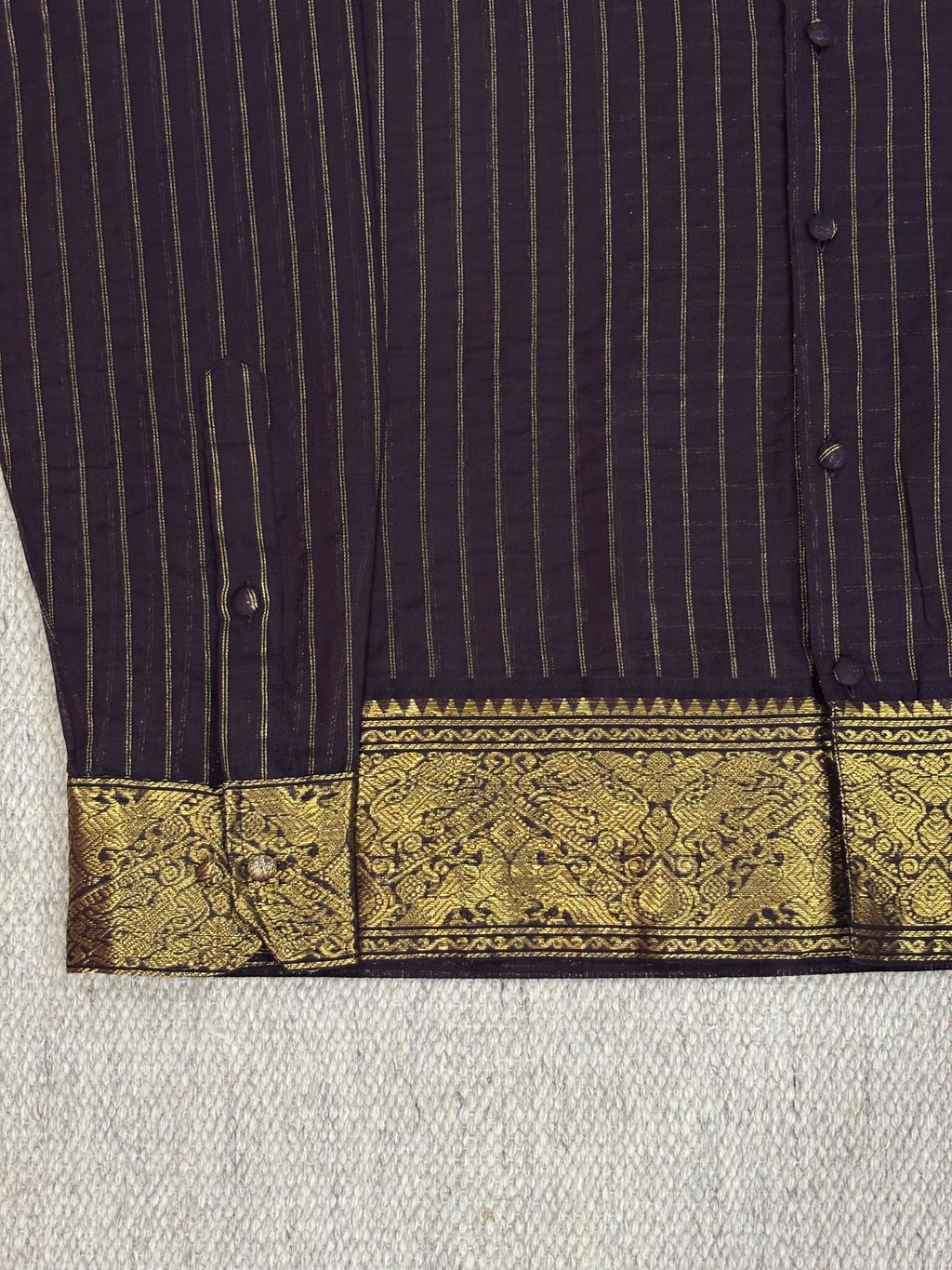 Charcoal Gold Pinstripe Zari Border Cotton Shirt