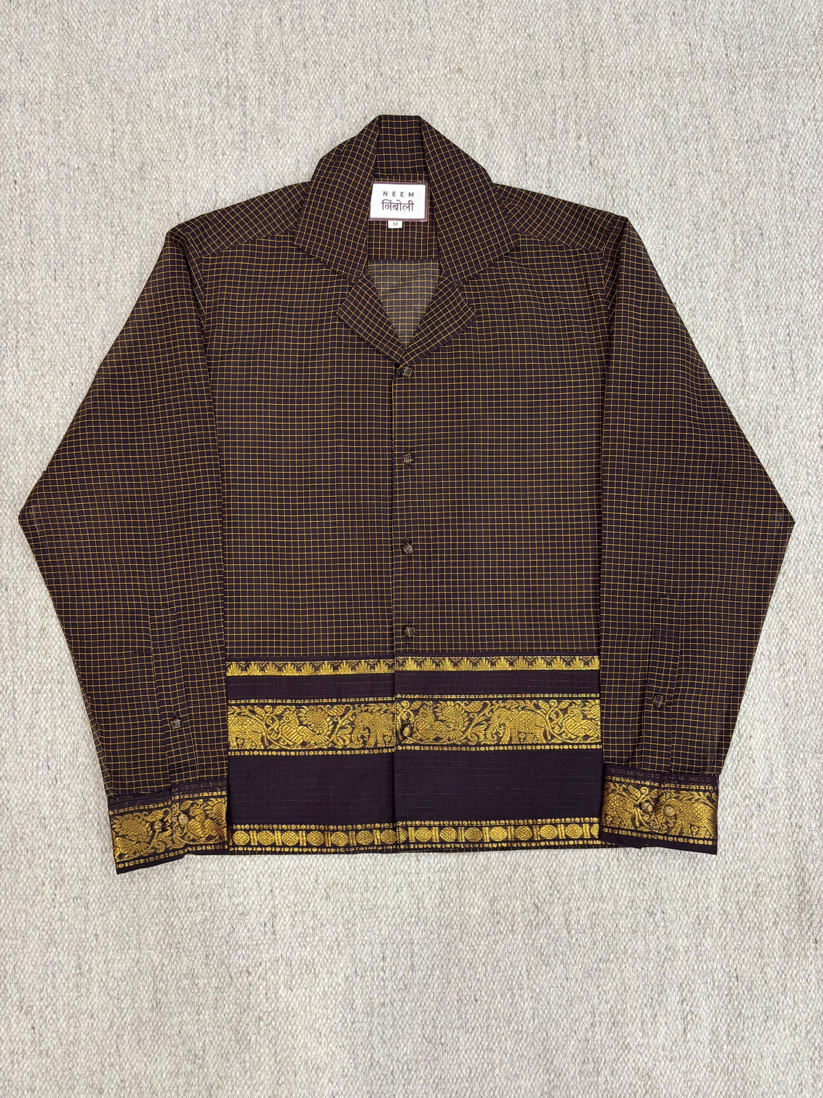 Dark Chocolate Grid Elephant Zari Border Cotton Shirt