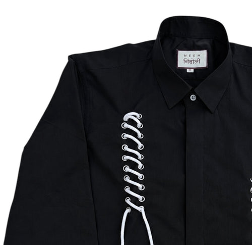 Black Lace Up Cotton Shirt