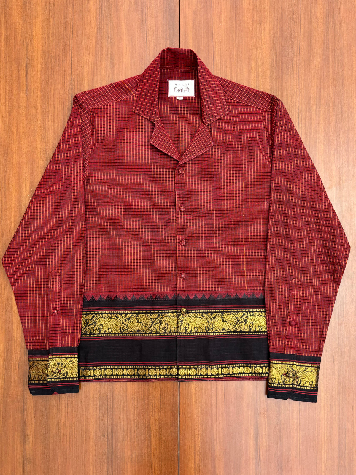 Crimson Grid Elephant Border Cotton Shirt