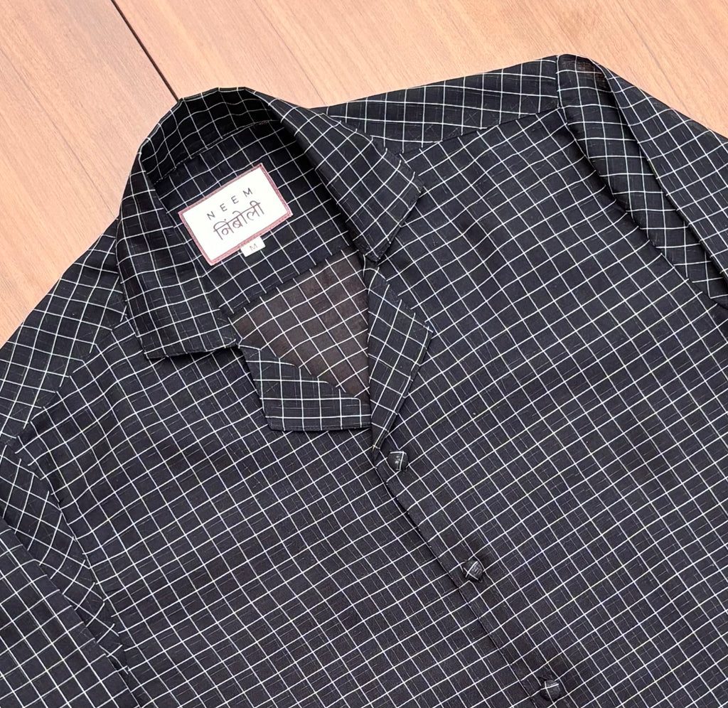 Midnight Grid Peacock Border Cotton Shirt