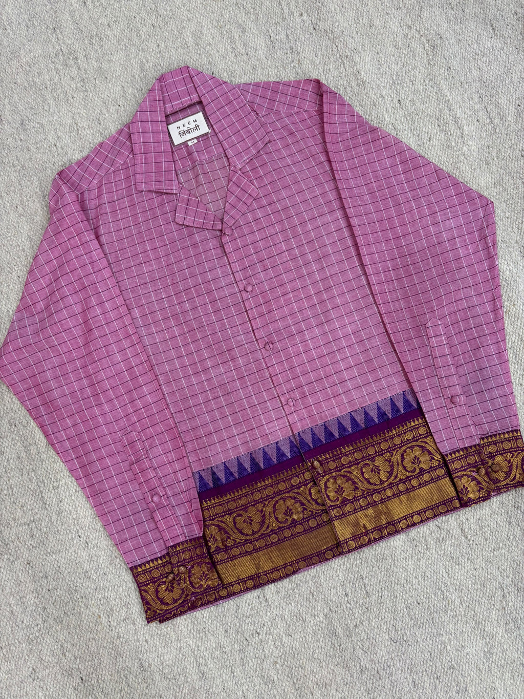 Pink Grid Temple Zari Border Cotton Shirt