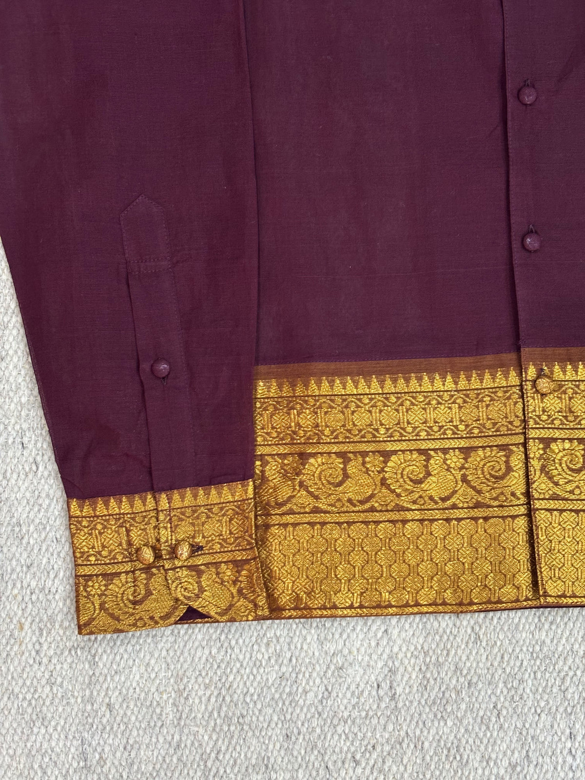 Deep Plum Teal Elephant Zari Border Cotton Shirt