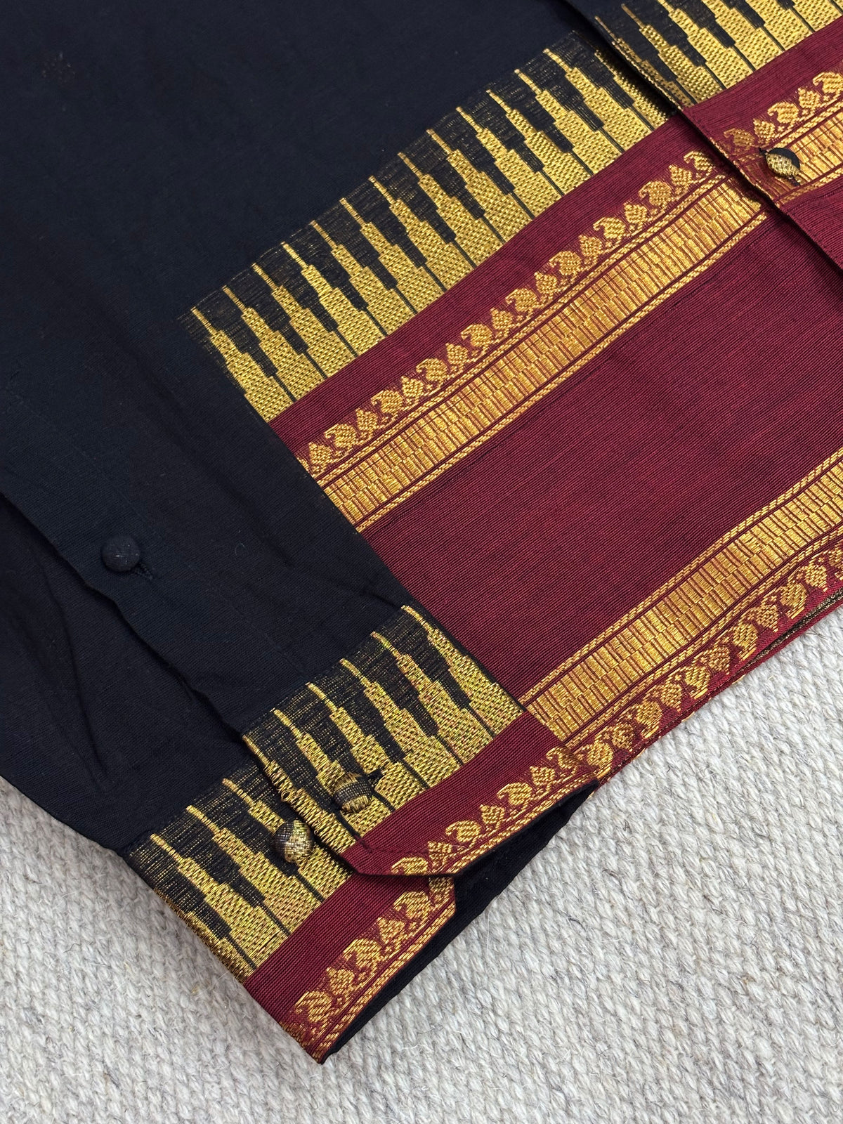 Midnight Black Maroon Zari Border Cotton Shirt
