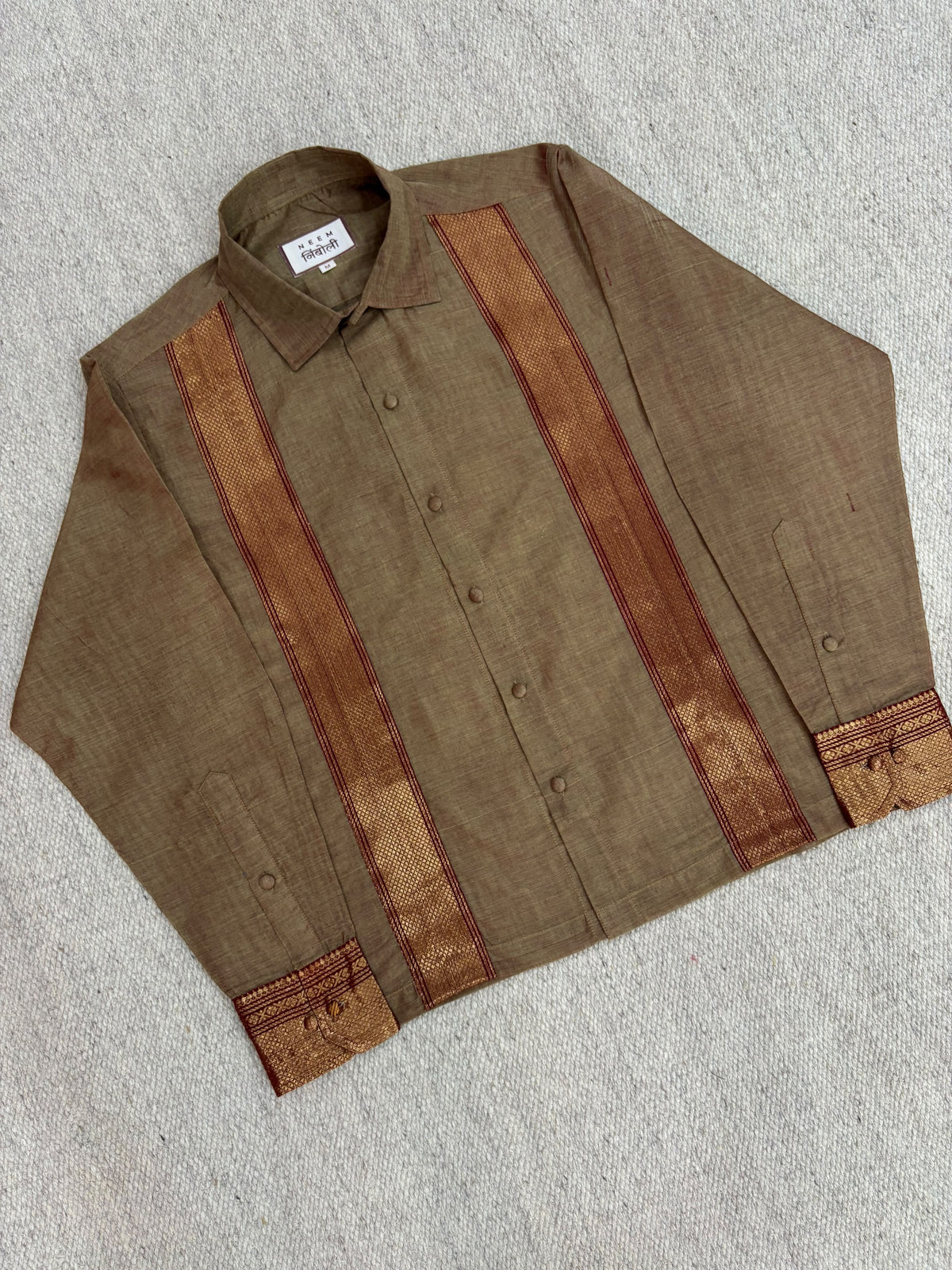 Warm Taupe Vertical Zari Panel Cotton Shirt