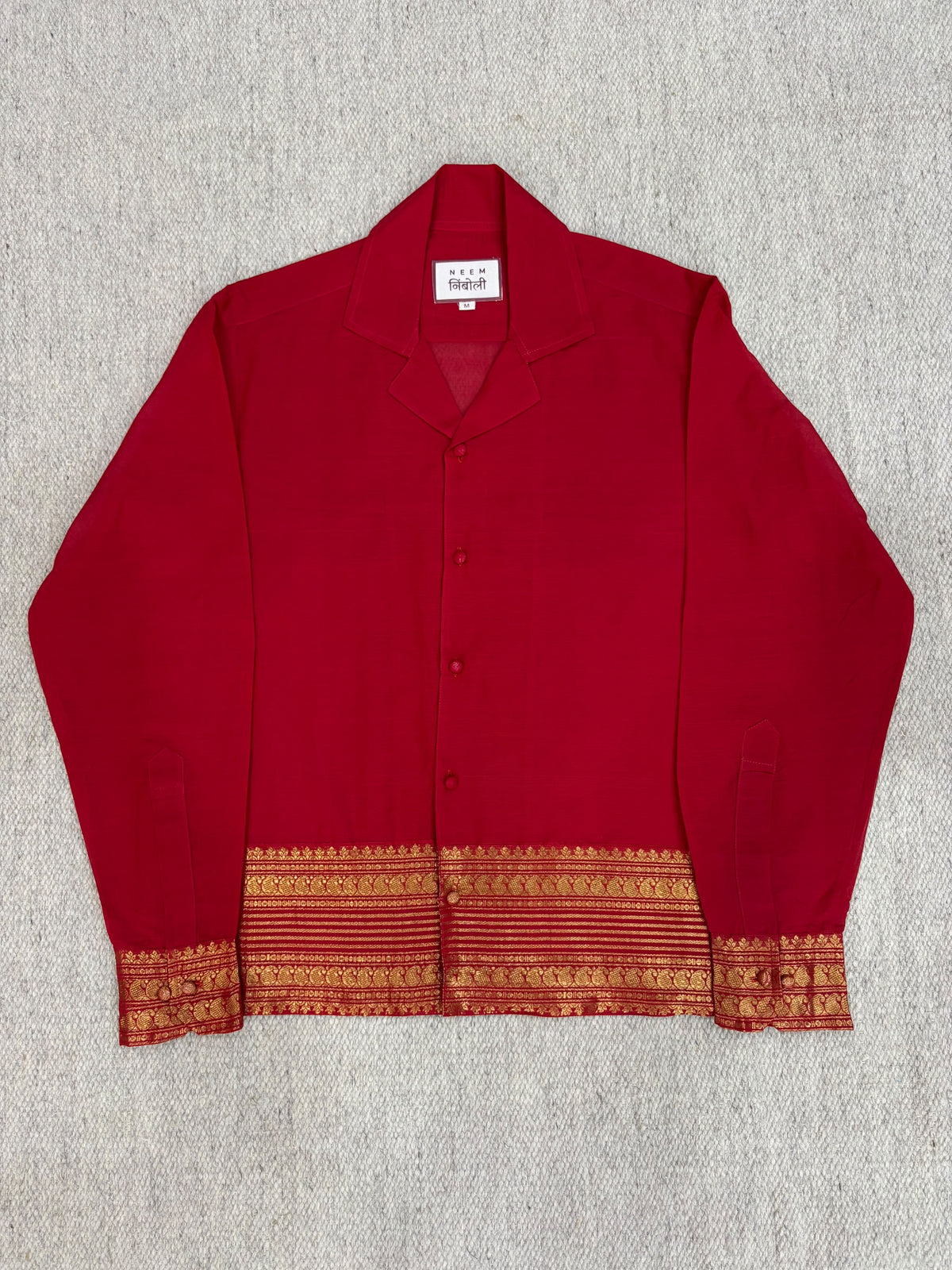 Crimson Red Gold Zari Border Cotton Shirt