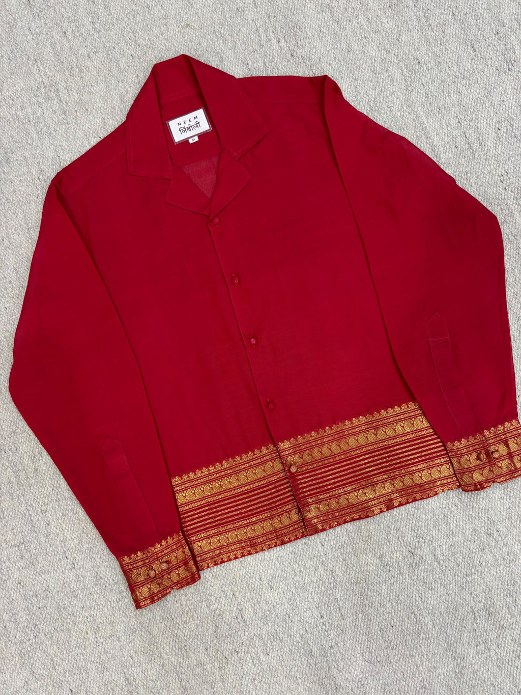 Crimson Red Gold Zari Border Cotton Shirt