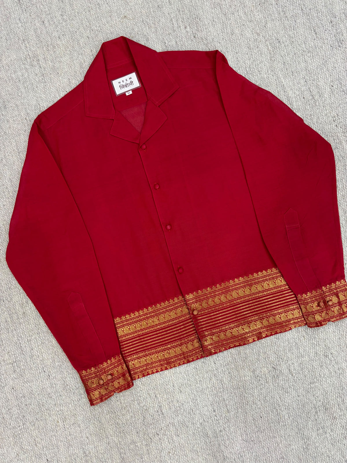 Crimson Red Gold Zari Border Cotton Shirt