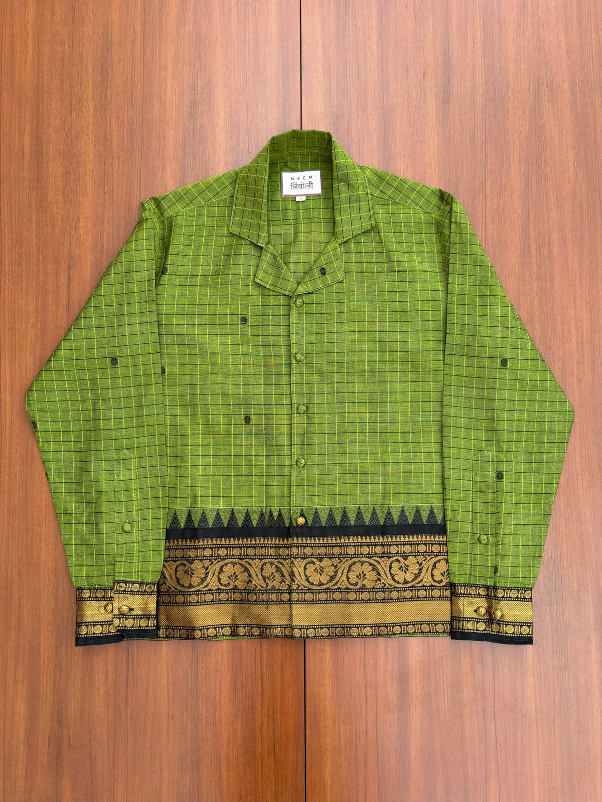 Olive Grid Floral Border Cotton Shirt