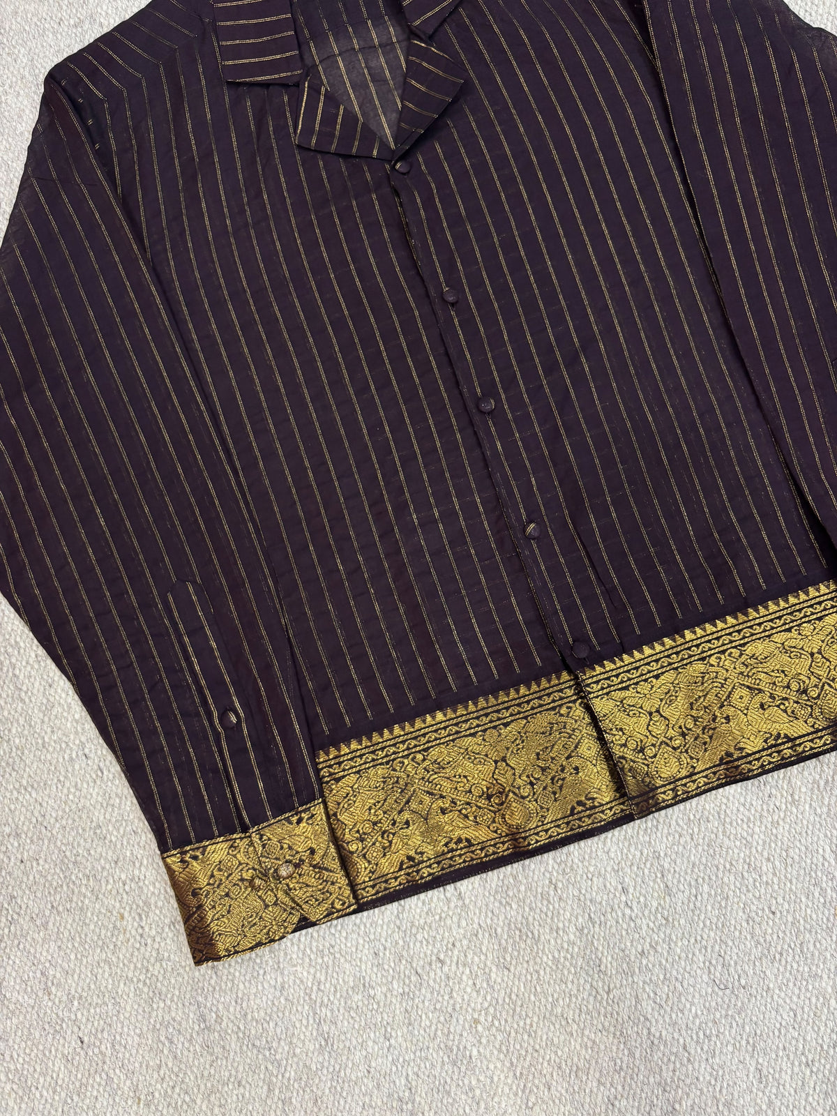 Charcoal Gold Pinstripe Zari Border Cotton Shirt