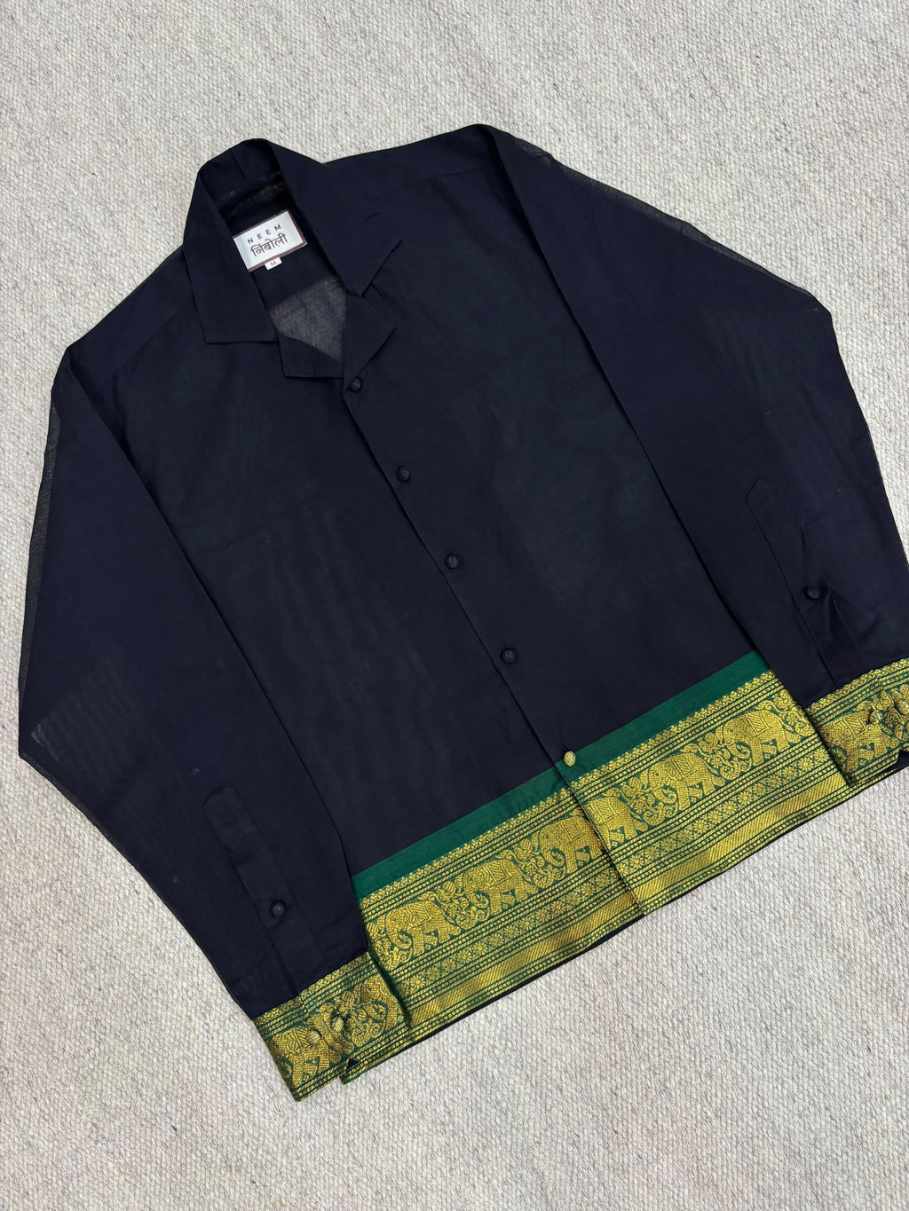 Midnight Navy Zari Border Cotton Shirt