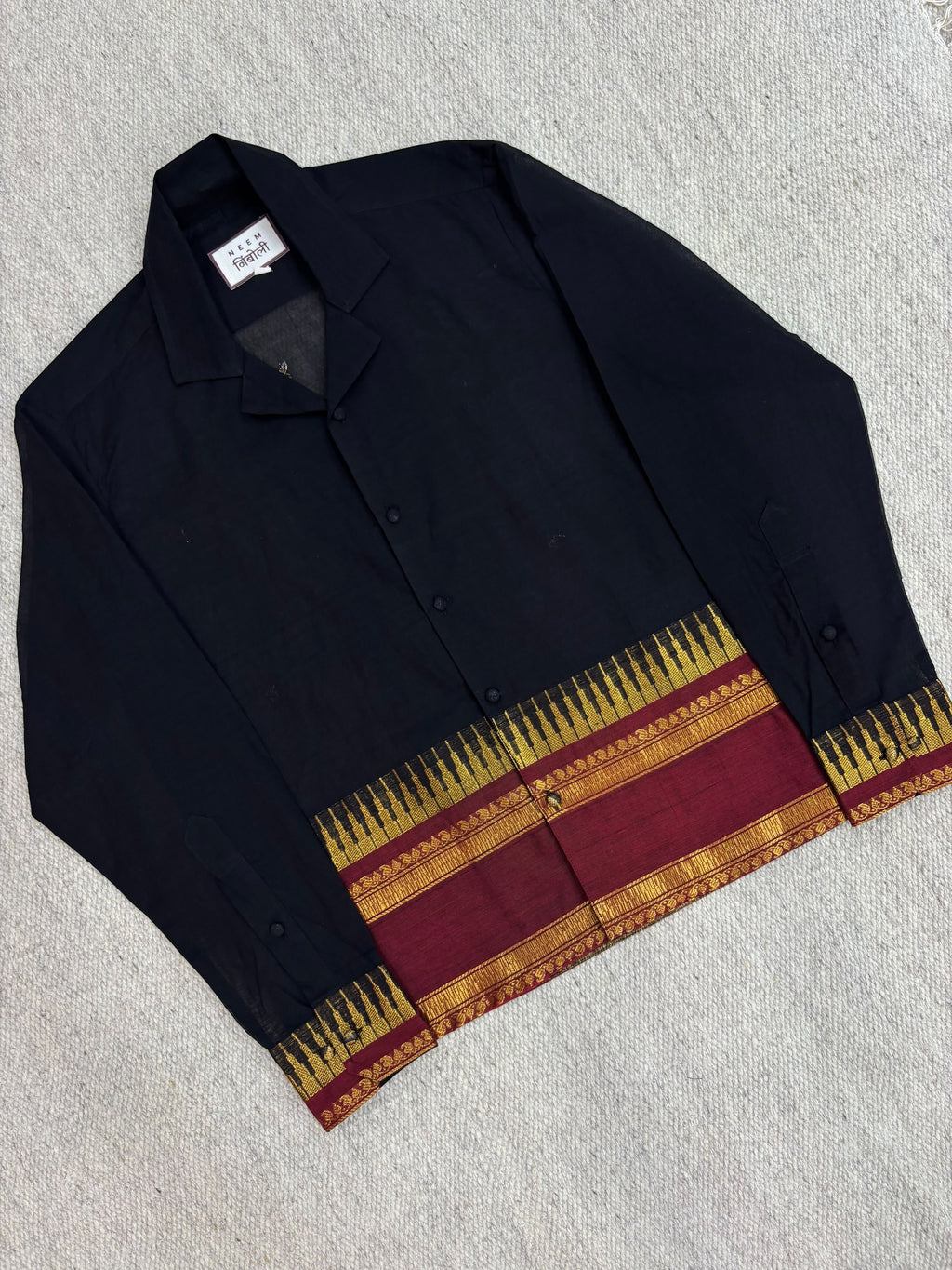 Midnight Black Maroon Zari Border Cotton Shirt