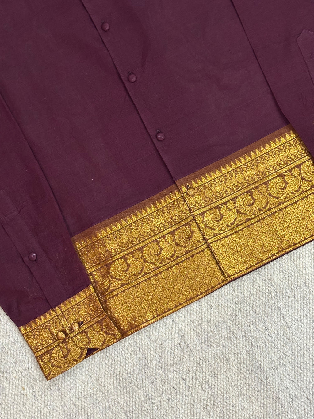 Deep Plum Teal Elephant Zari Border Cotton Shirt