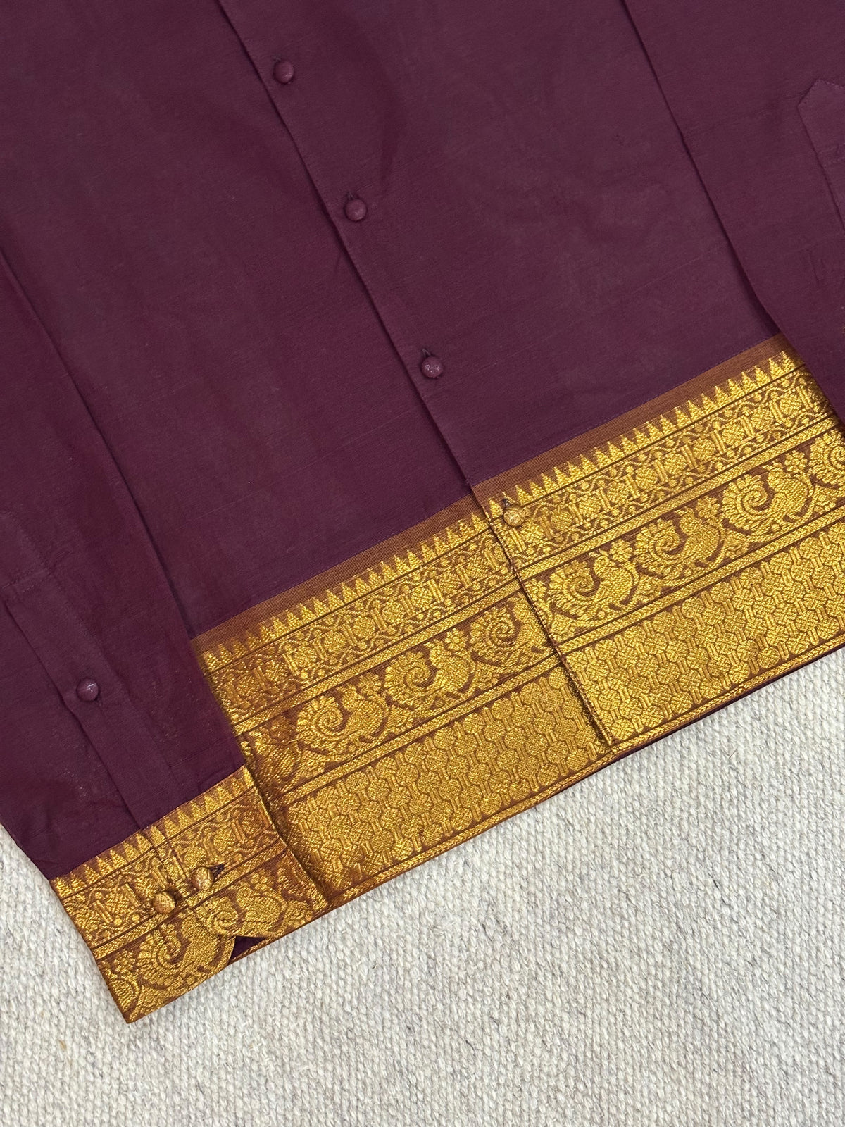 Deep Plum Teal Elephant Zari Border Cotton Shirt
