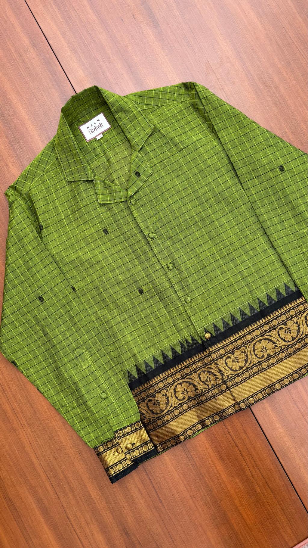 Olive Grid Floral Border Cotton Shirt