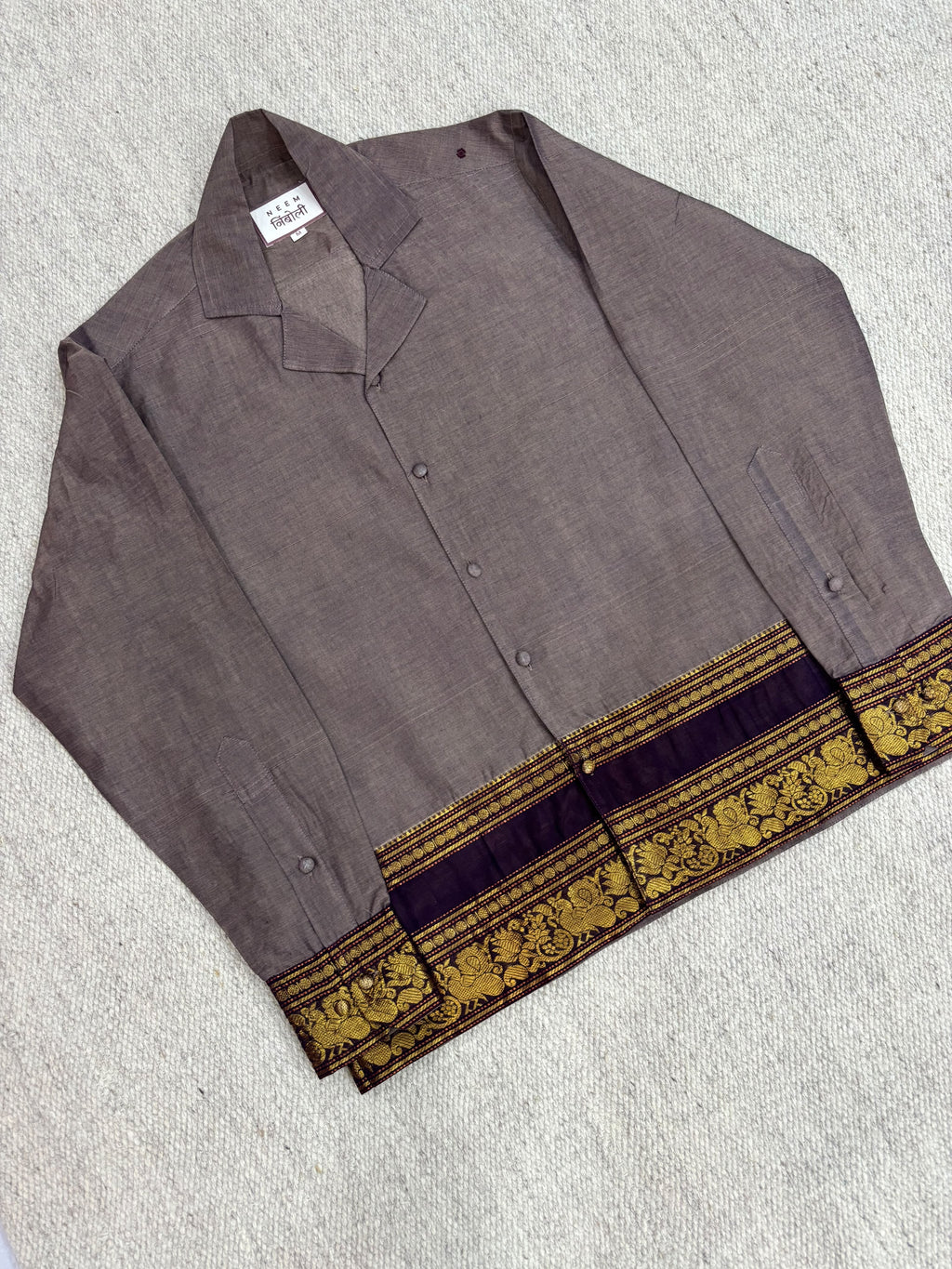 Muted Mauve Purple Peacock Zari Border Cotton Shirt