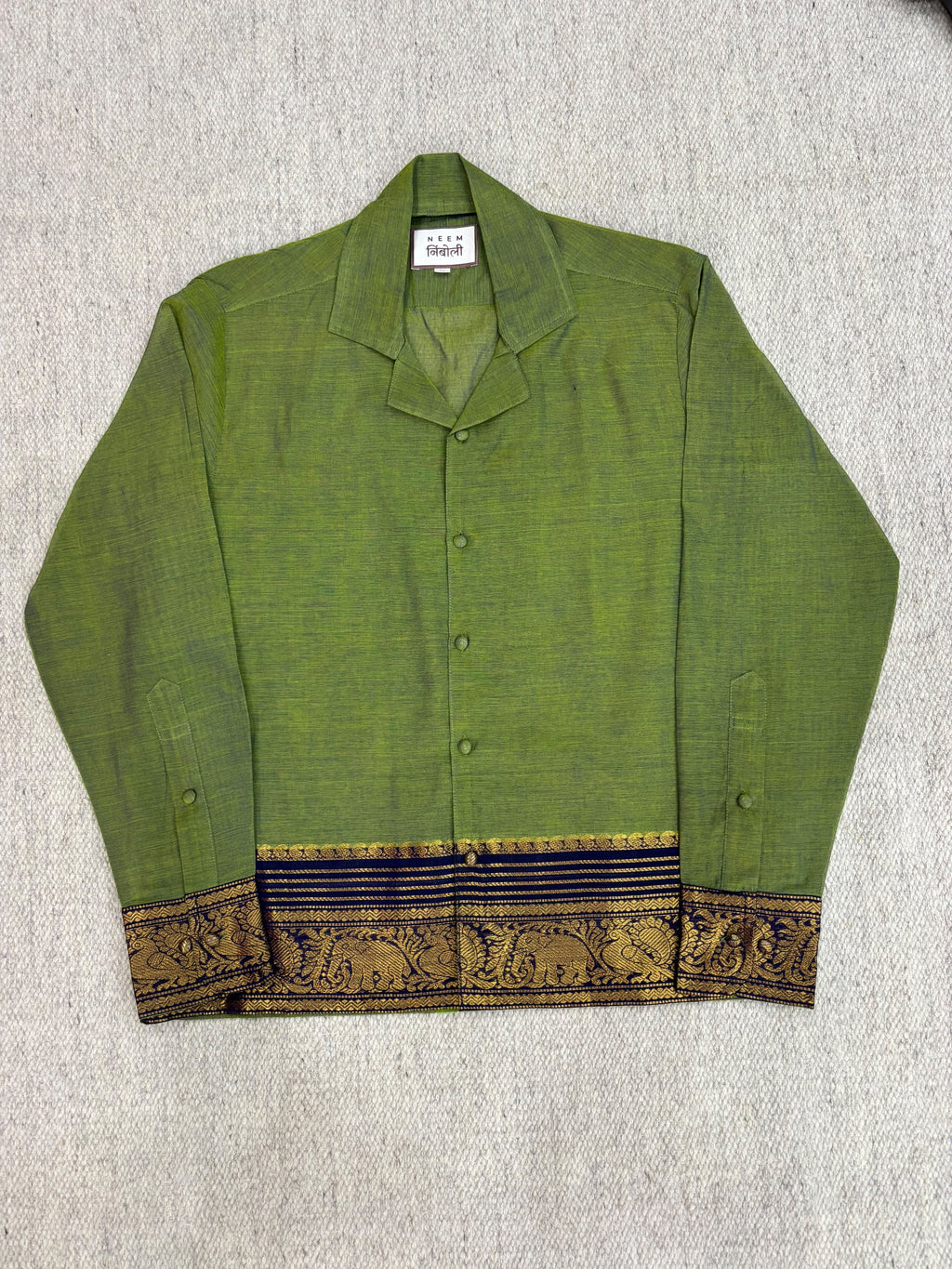 Olive Green Navy Elephant Zari Border Cotton Shirt