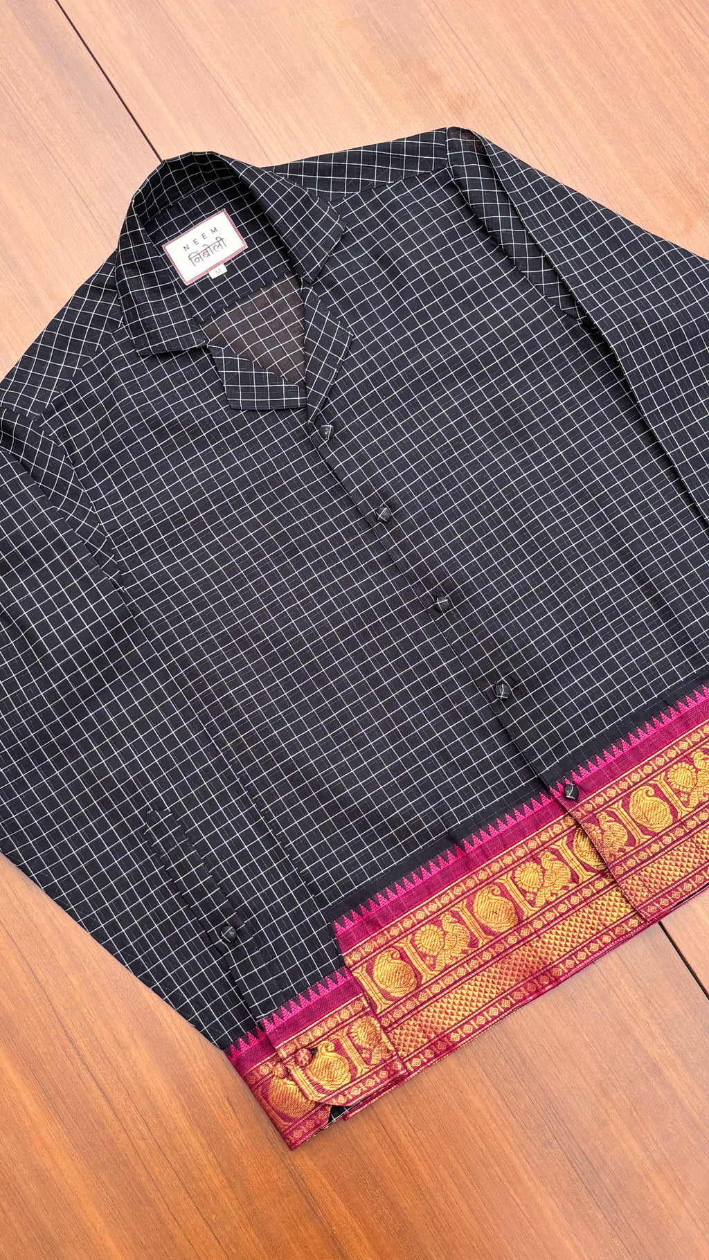 Midnight Grid Peacock Border Cotton Shirt