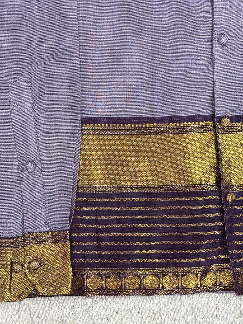 Slate Grey Striped Gold Zari Border Cotton Shirt