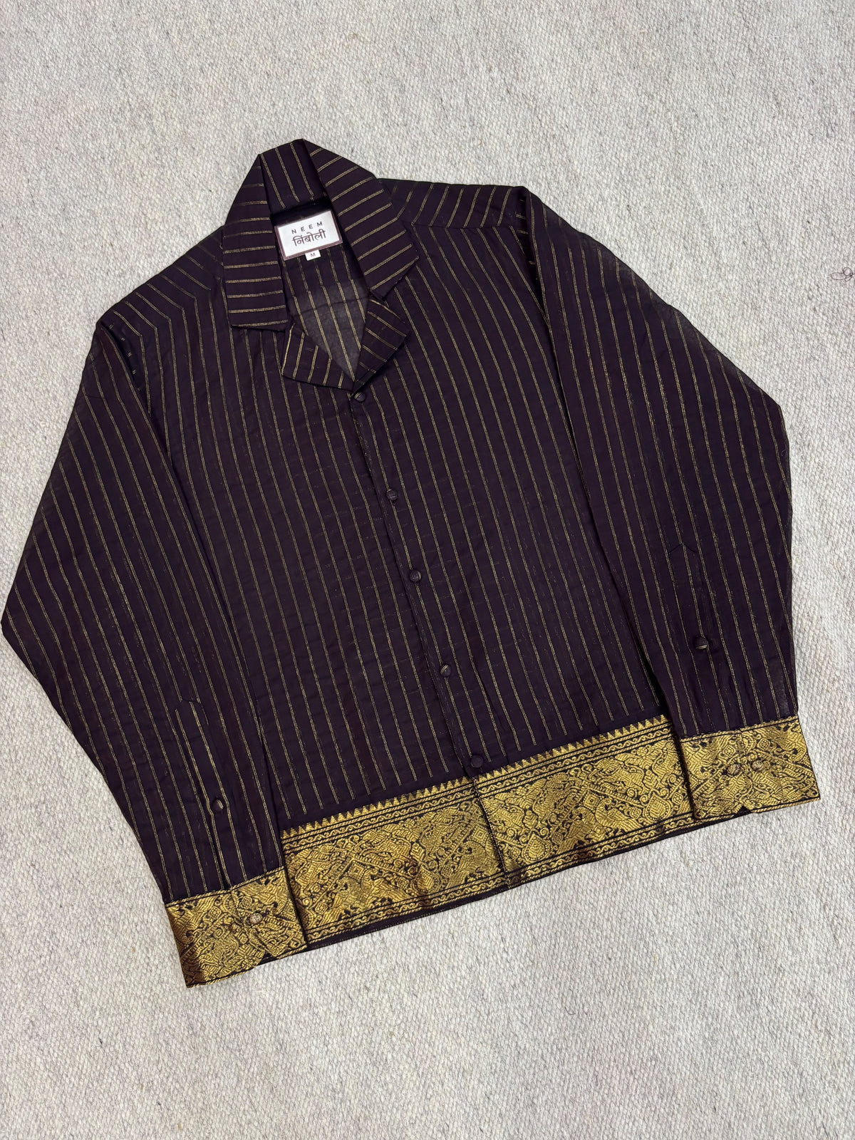 Charcoal Gold Pinstripe Zari Border Cotton Shirt