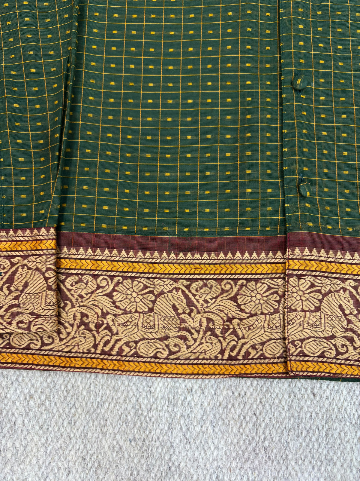 Olive Grid Horse Motif Border Cotton Shirt