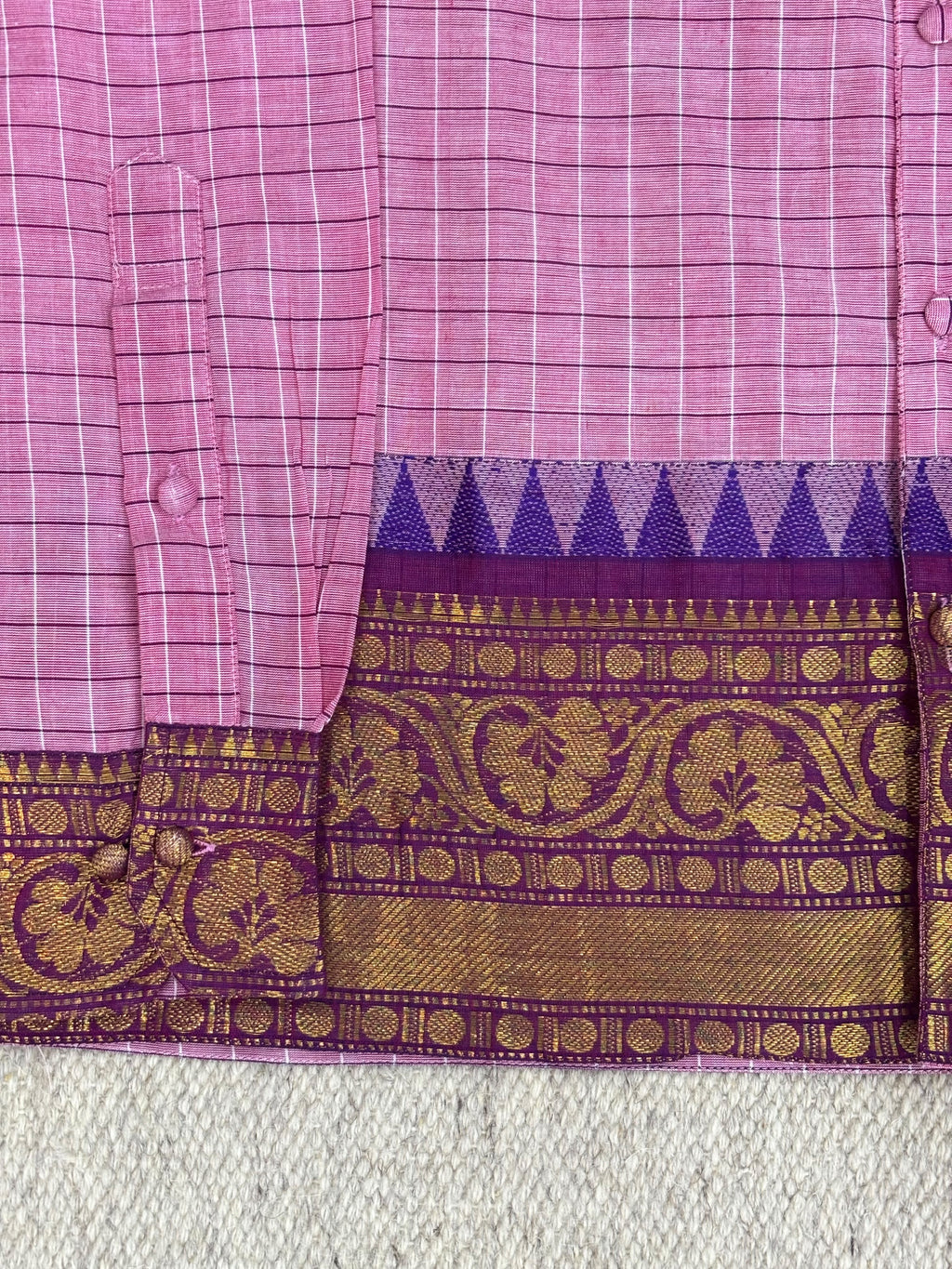 Pink Grid Temple Zari Border Cotton Shirt