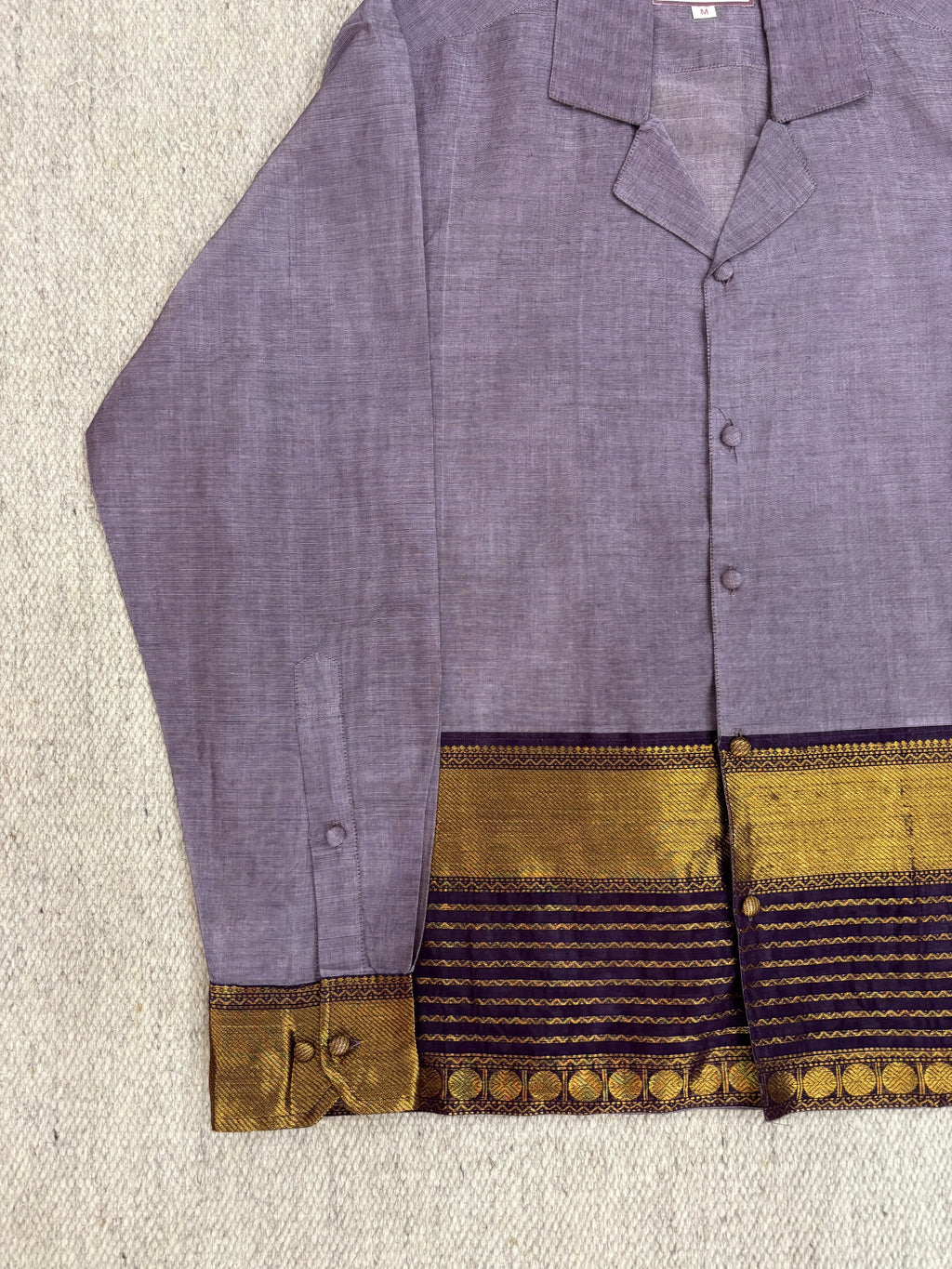 Slate Grey Striped Gold Zari Border Cotton Shirt