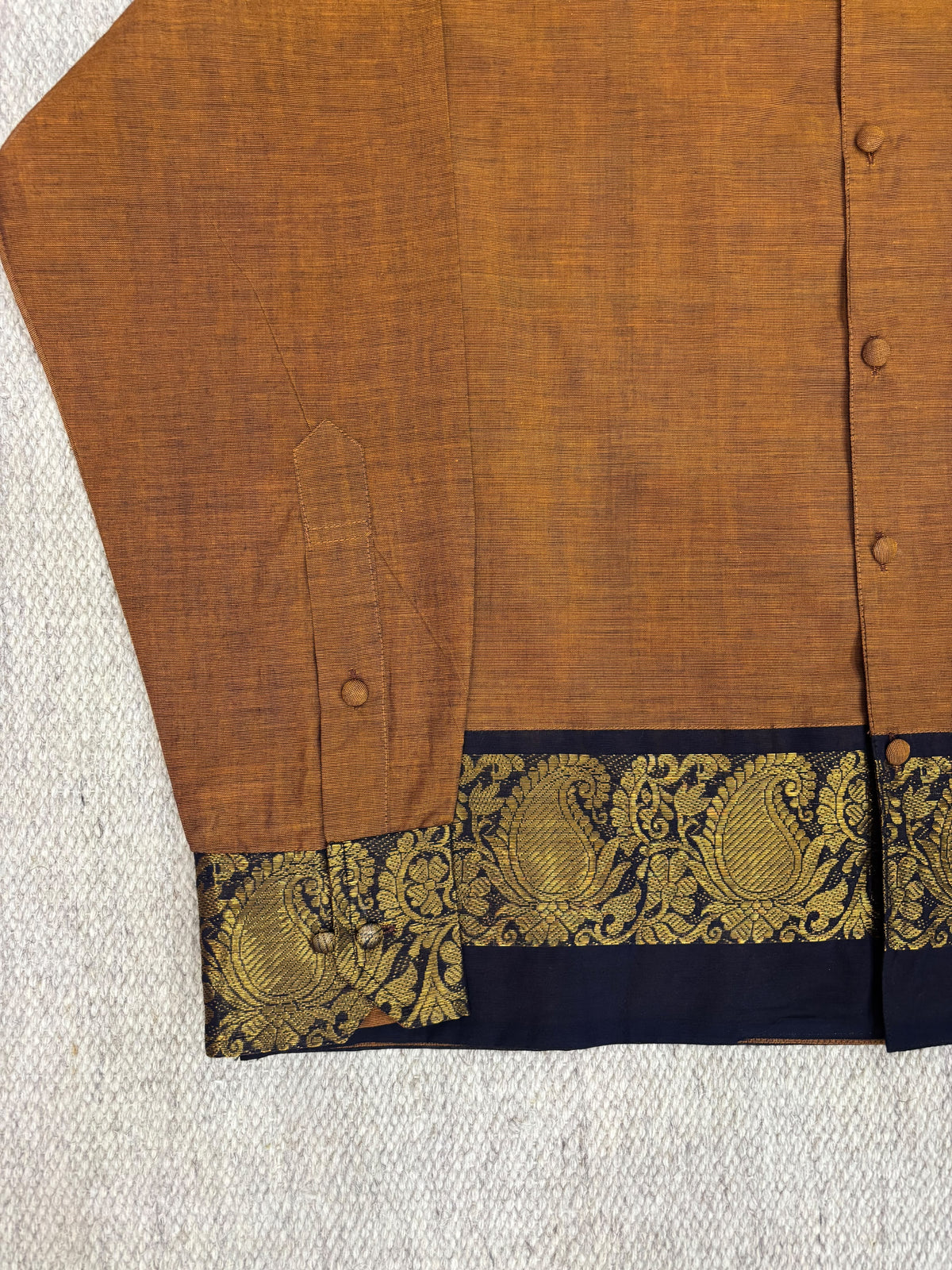 Ochre Brown Navy Paisley Zari Border Cotton Shirt