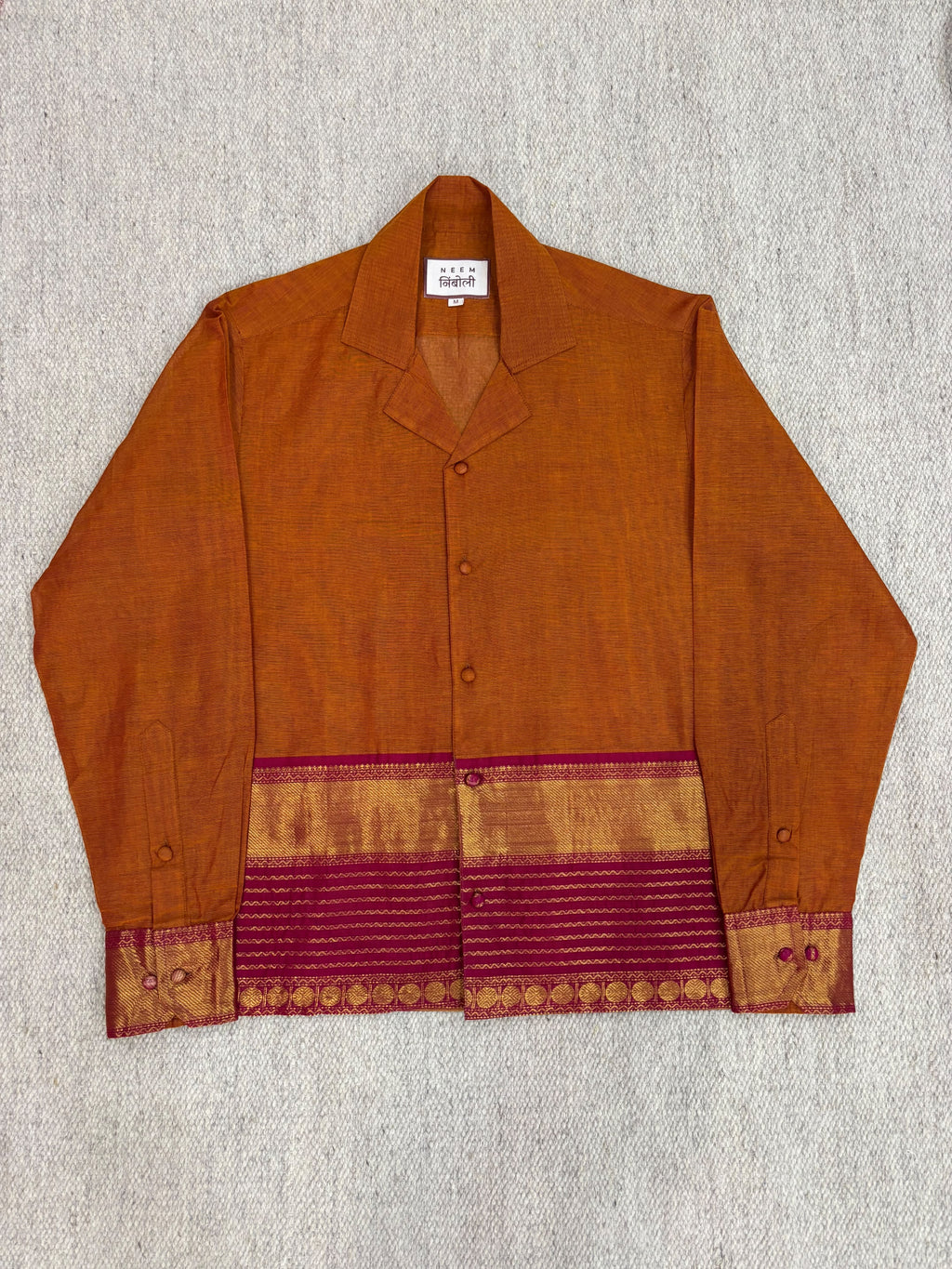 Mustard Ochre Magenta Zari Border Cotton Shirt