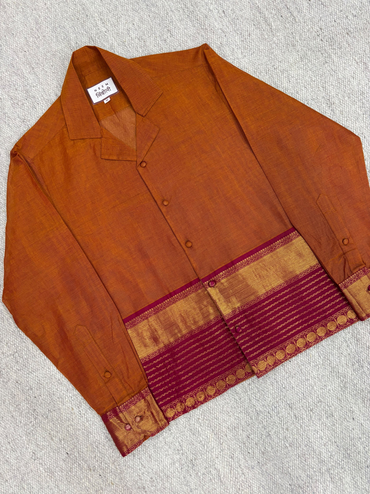 Mustard Ochre Magenta Zari Border Cotton Shirt