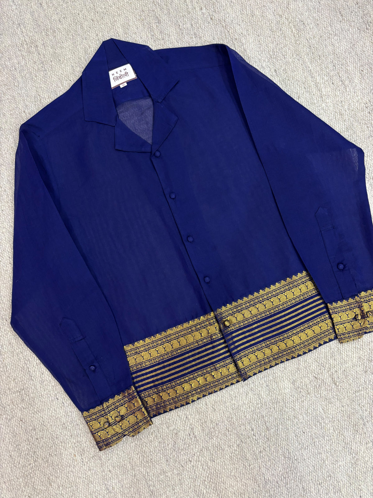 Royal Blue Multi-Tier Zari Border Cotton Shirt