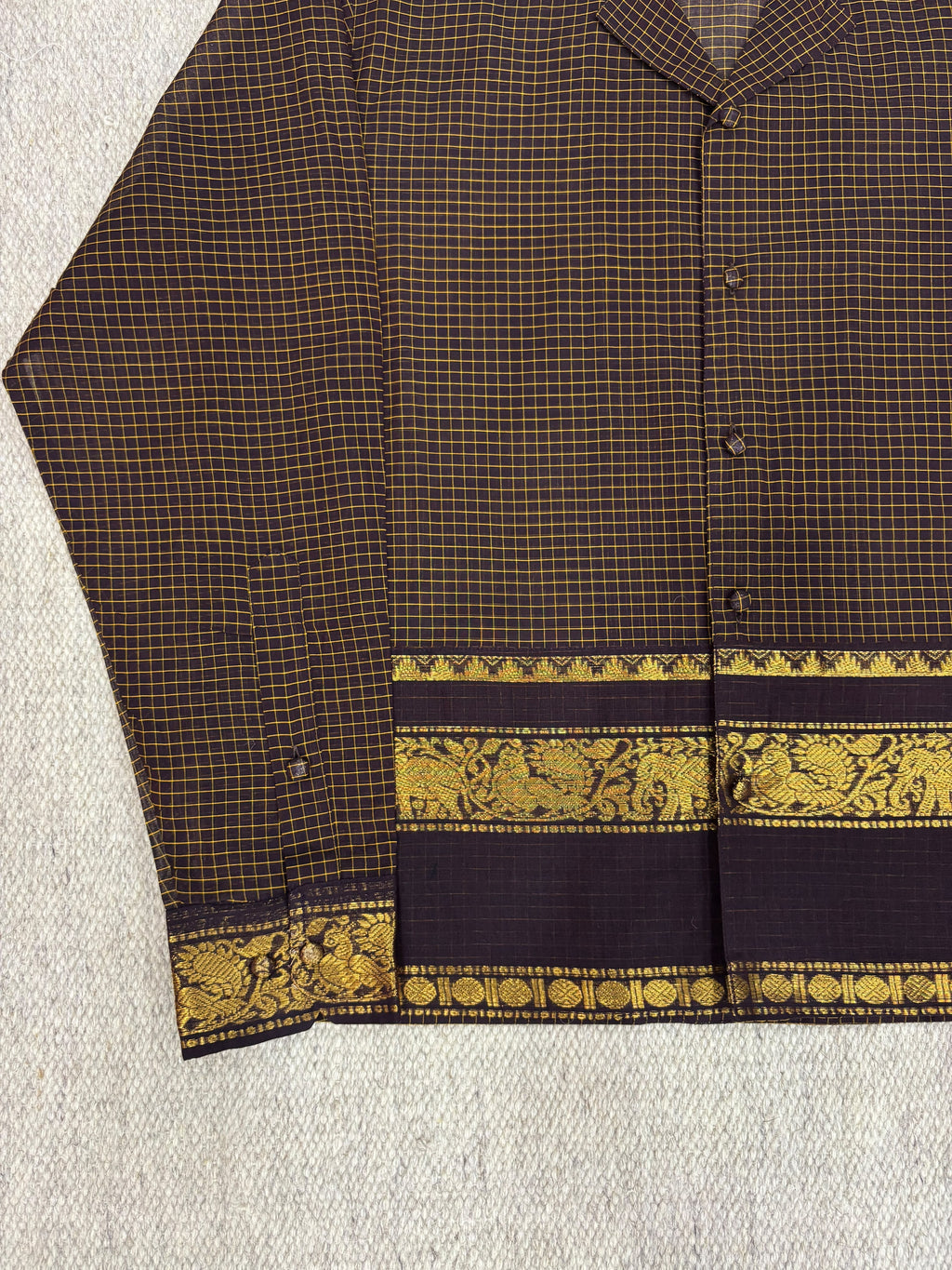 Dark Chocolate Grid Elephant Zari Border Cotton Shirt